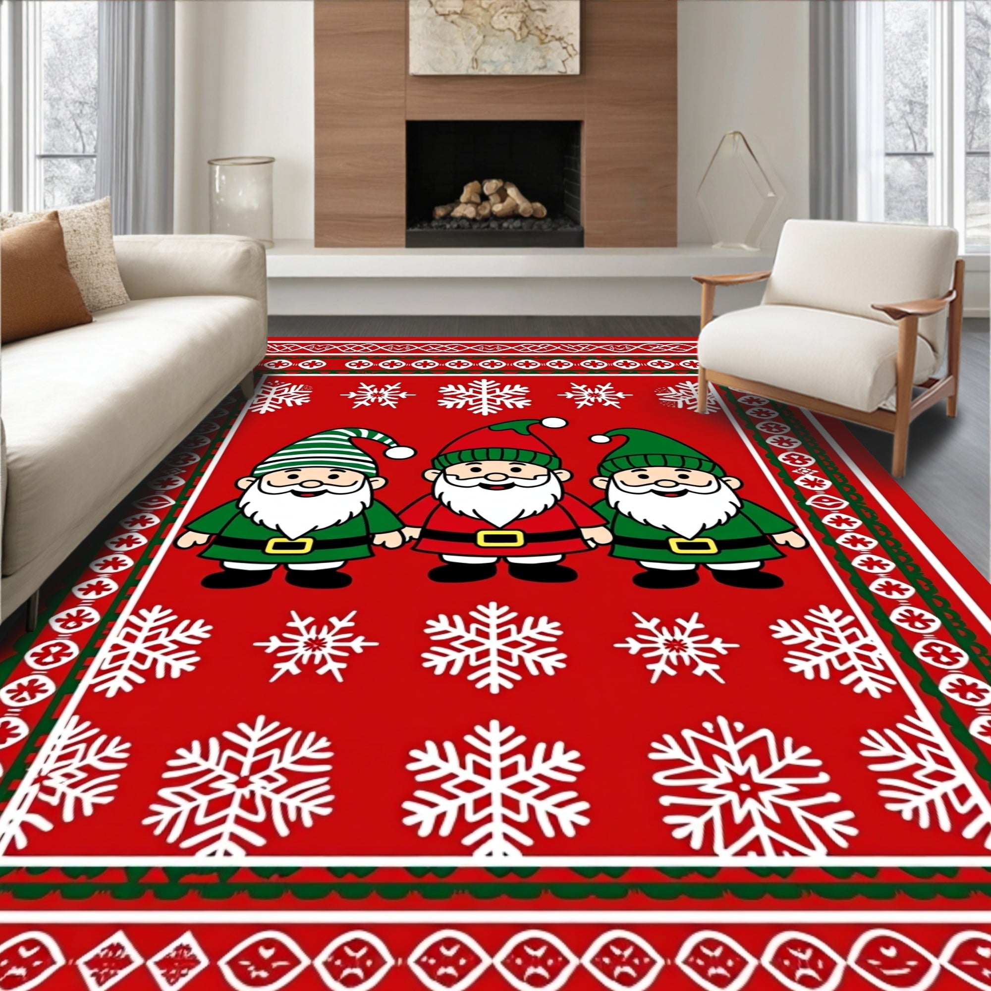 Festive Red Gnomes Snowflake Border Rug