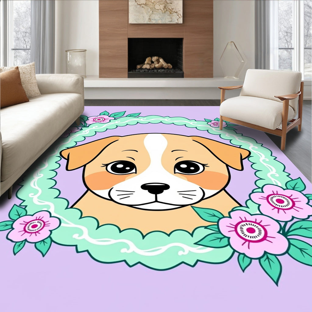 Sweet Puppy Floral Wreath Pastel Rug