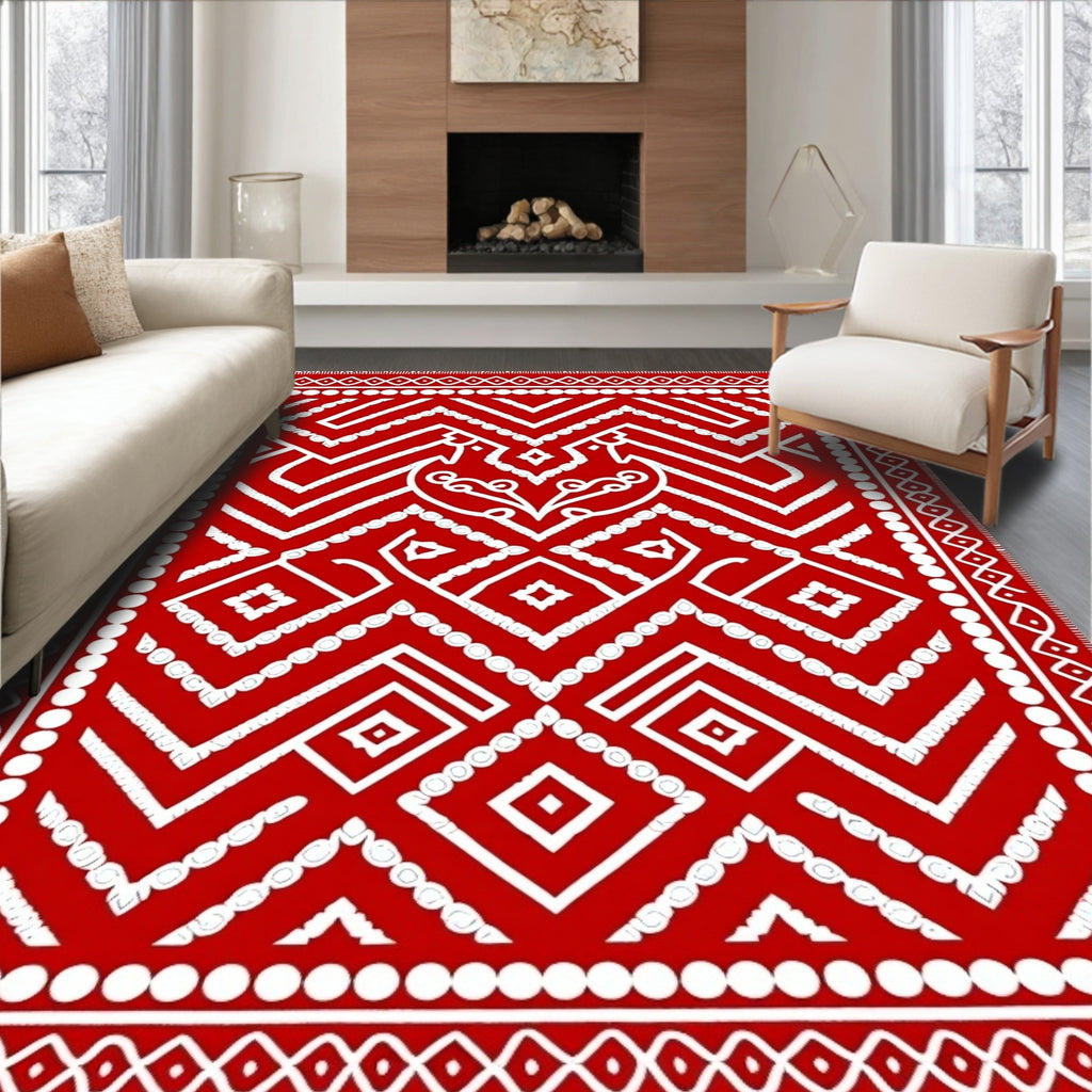 Vibrant Red Geometric Tribal Medallion Rug
