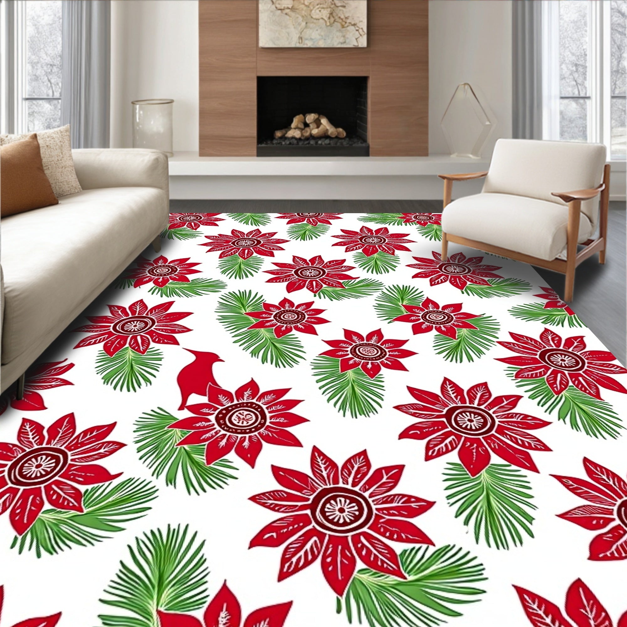 Crimson Poinsettia Cardinal Evergreen Sprigs Rug