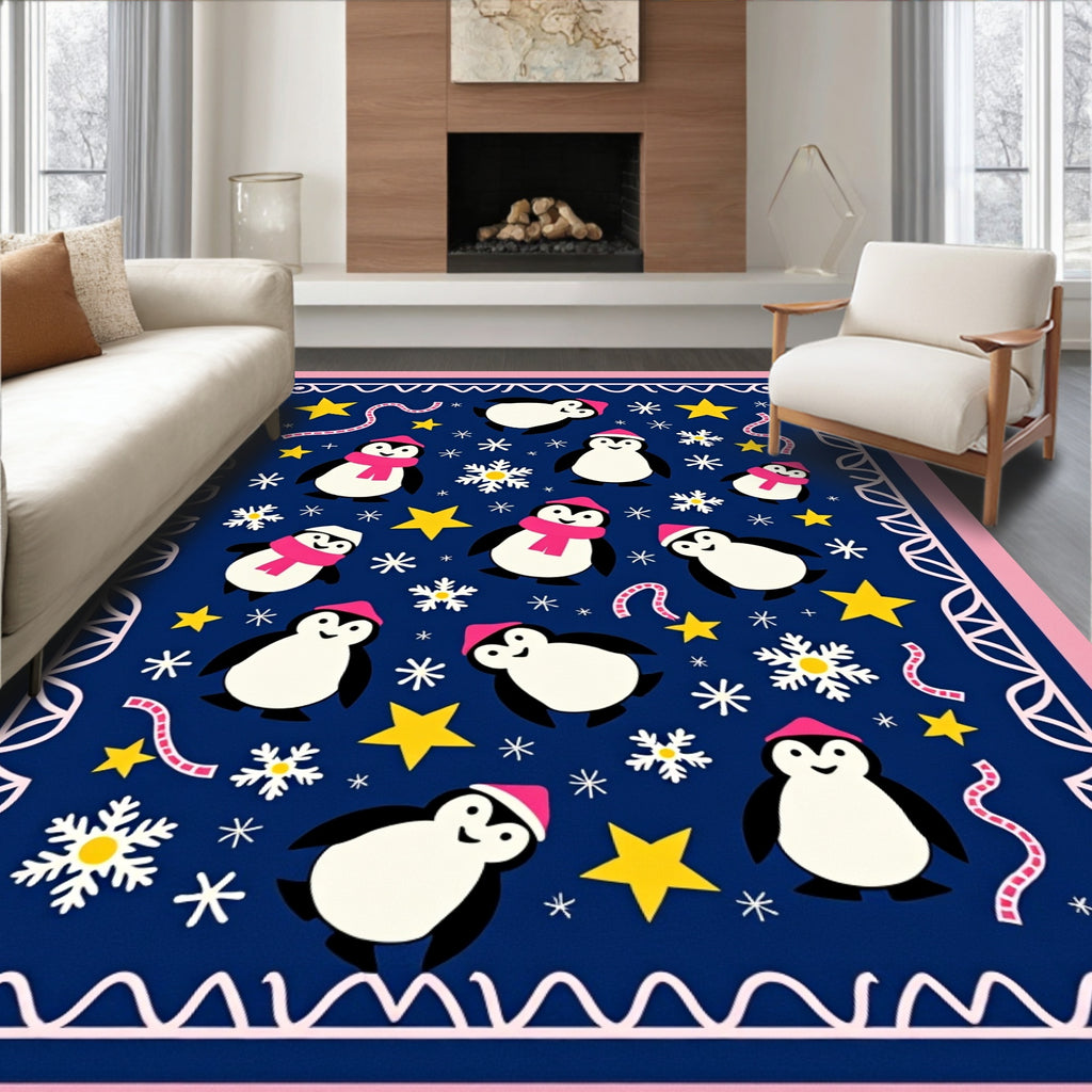 Cute Penguin Winter Wonderland Stars Rug