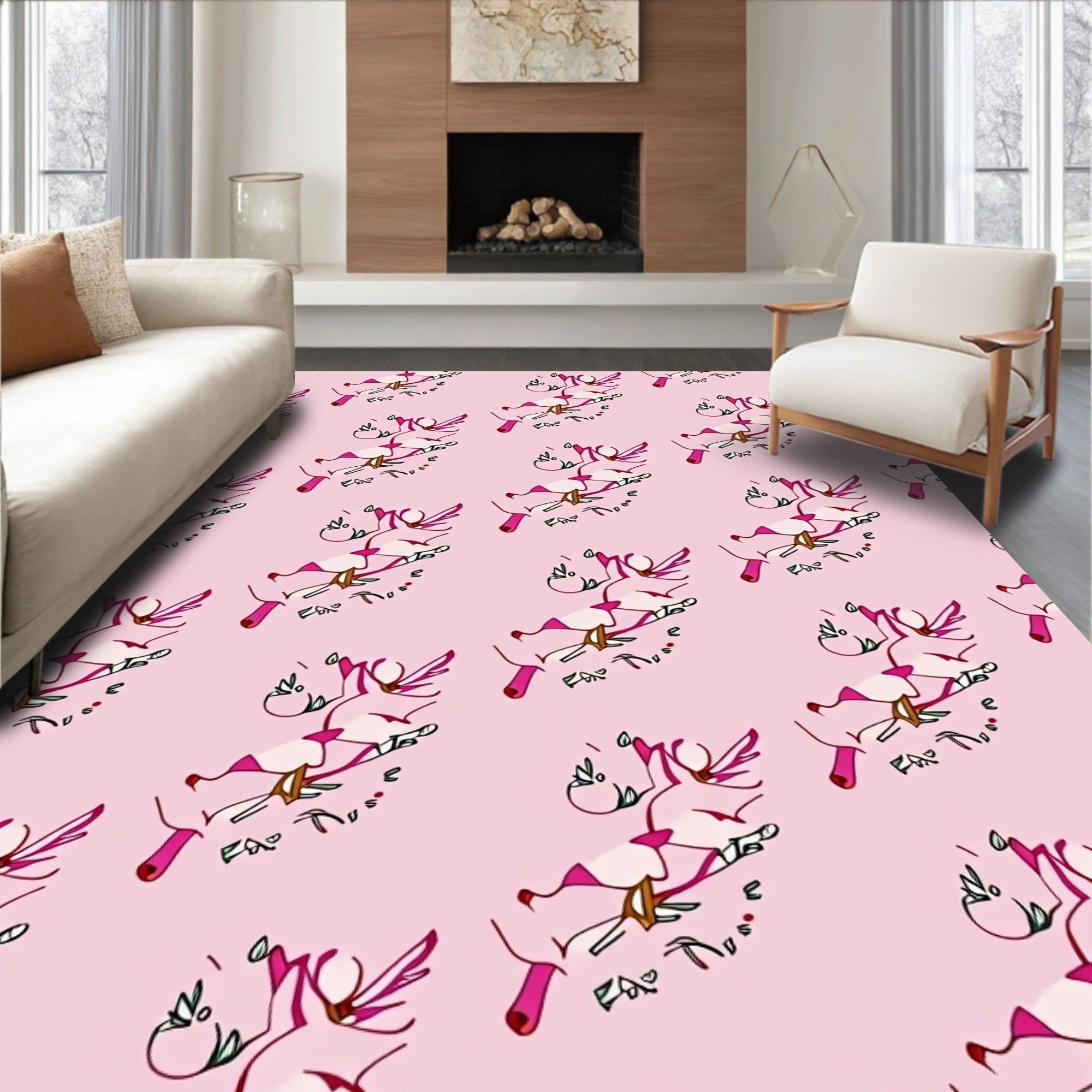 Whimsical Pink Unicorn Meadow Sketch Rug