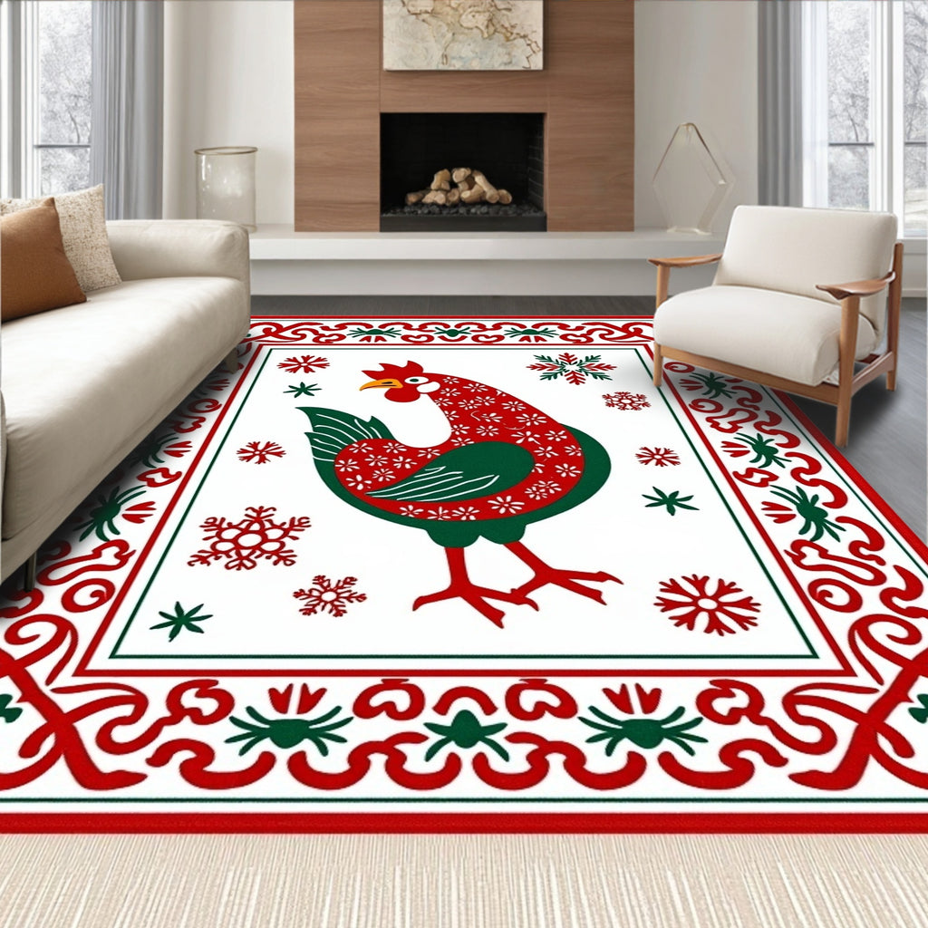 Festive Red Rooster Snowflake Border Rug