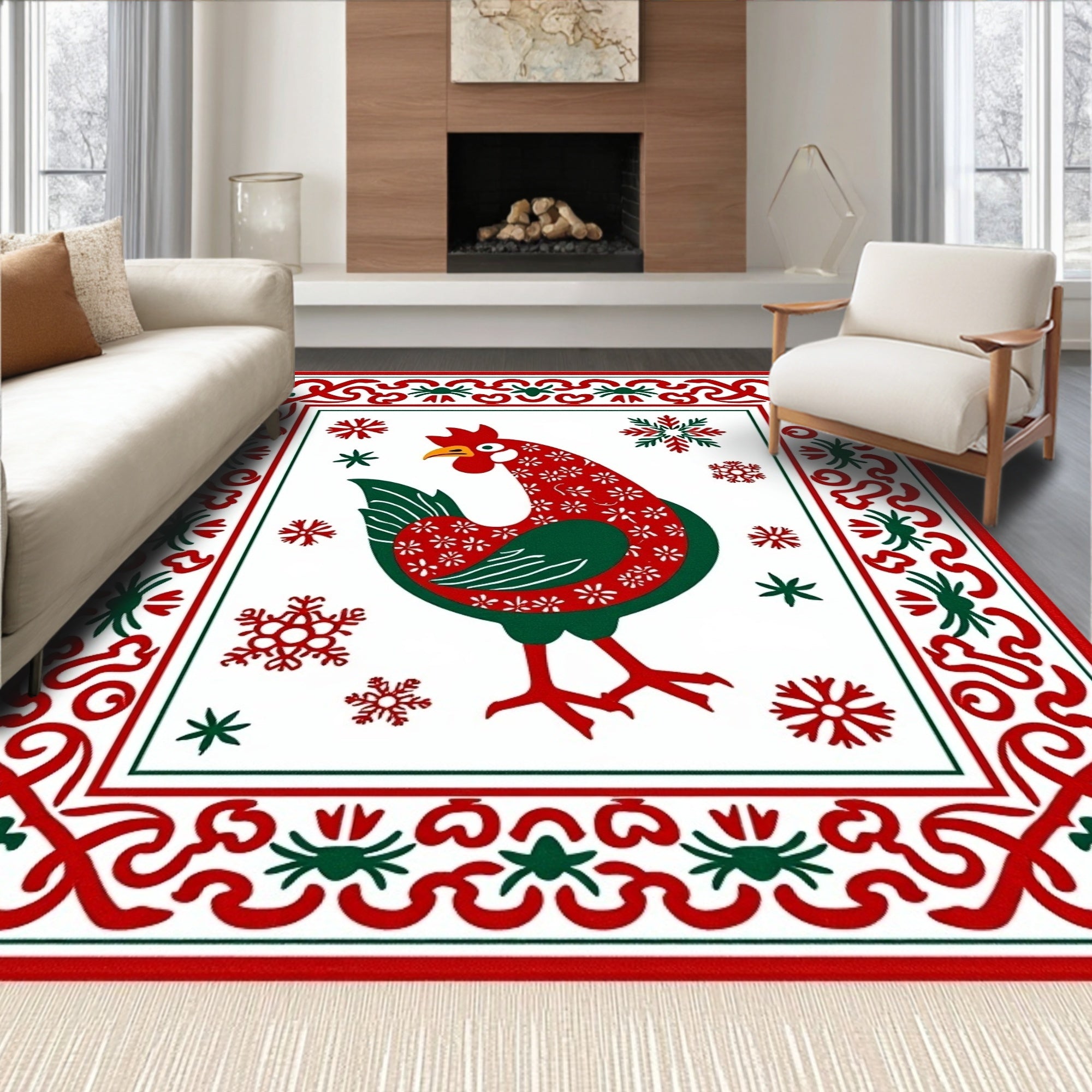 Festive Red Rooster Snowflake Border Rug