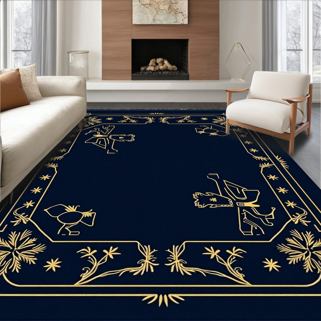 Navy and Gold Vintage Floral Border Rug