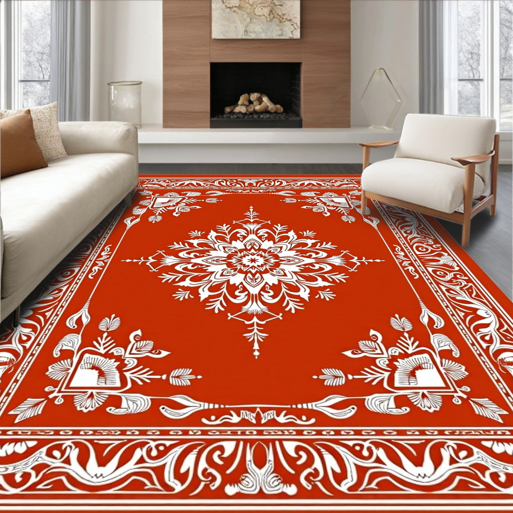 Rustic Red White Floral Medallion Rug