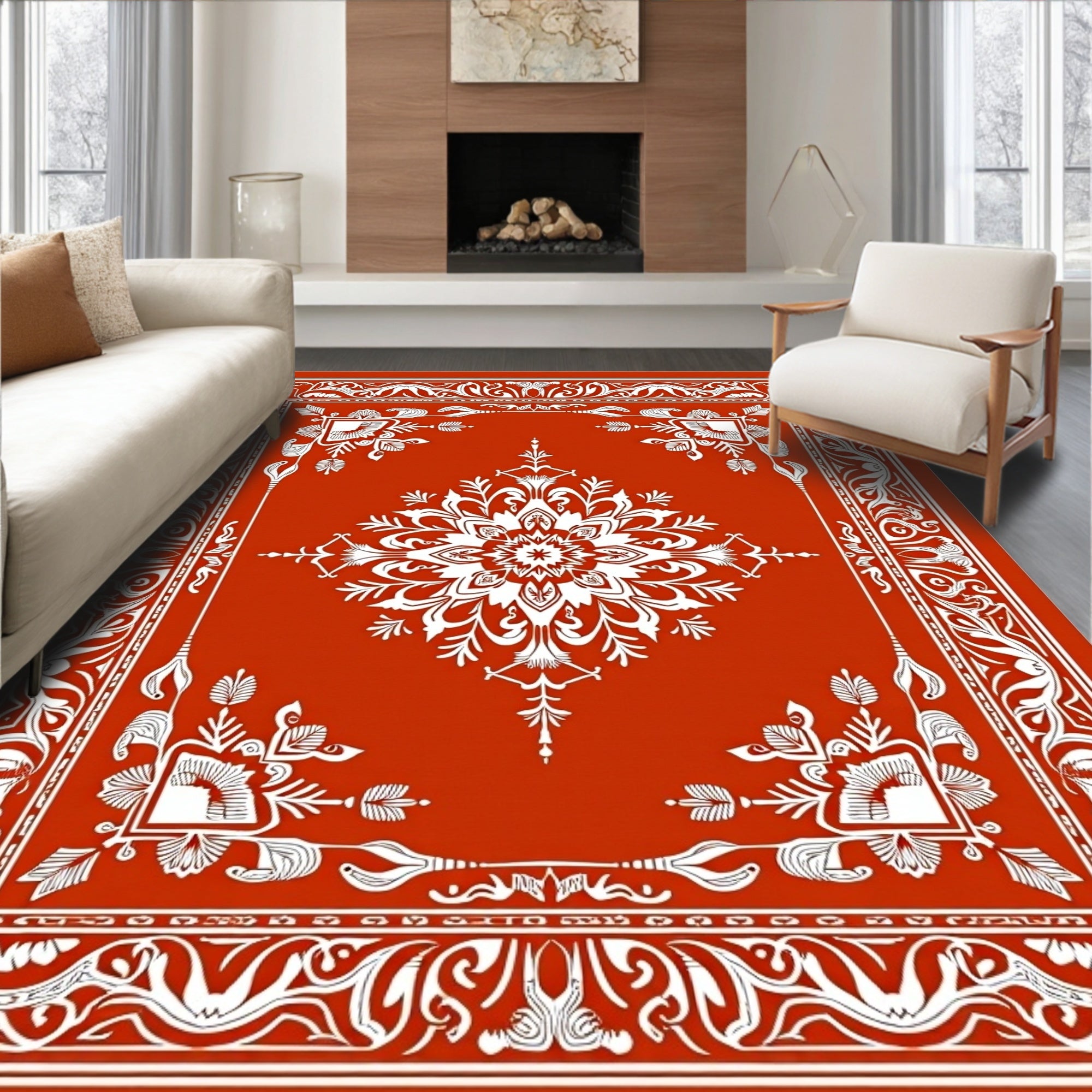 Rustic Red White Floral Medallion Rug