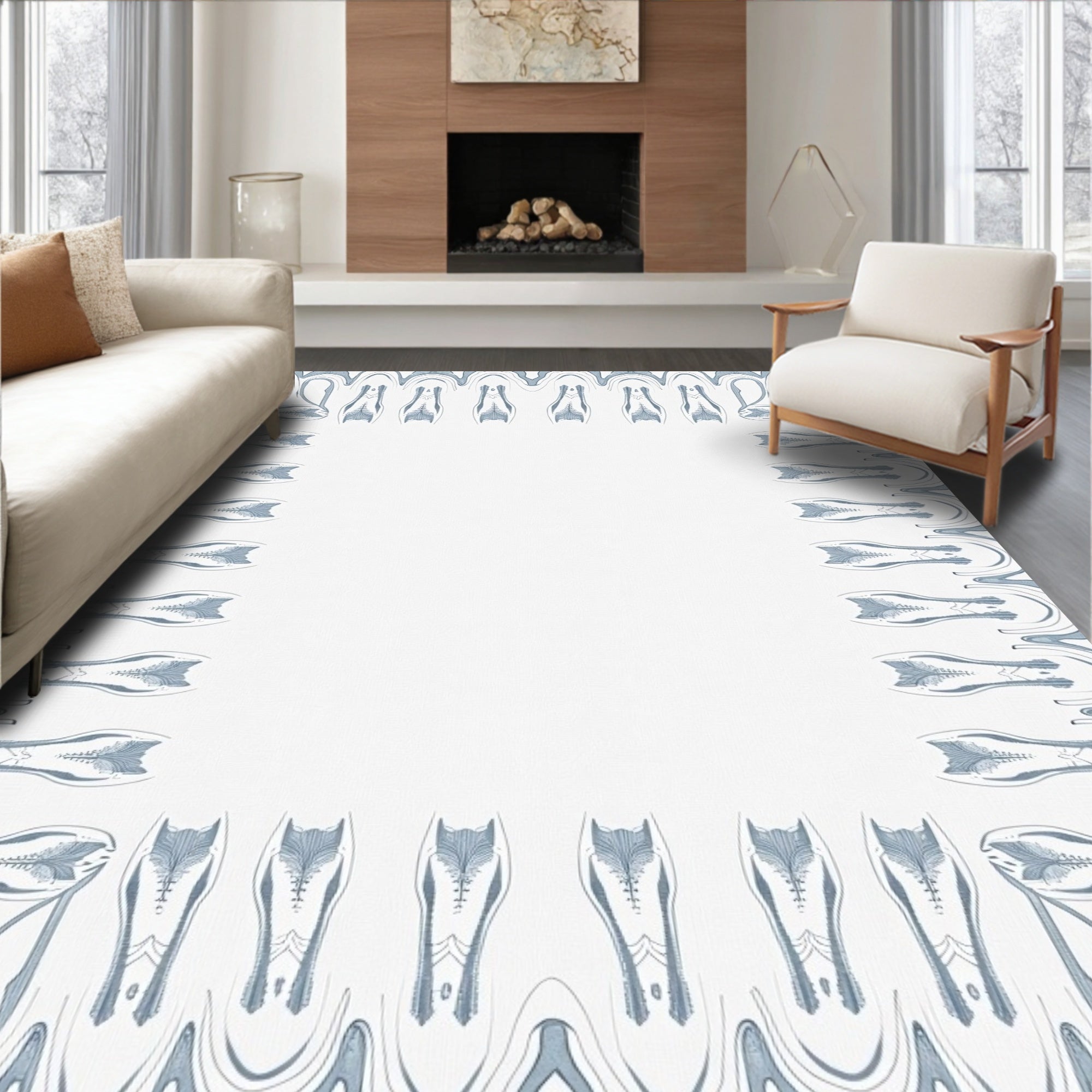 Pale Blue Art Nouveau Floral Frame Rug