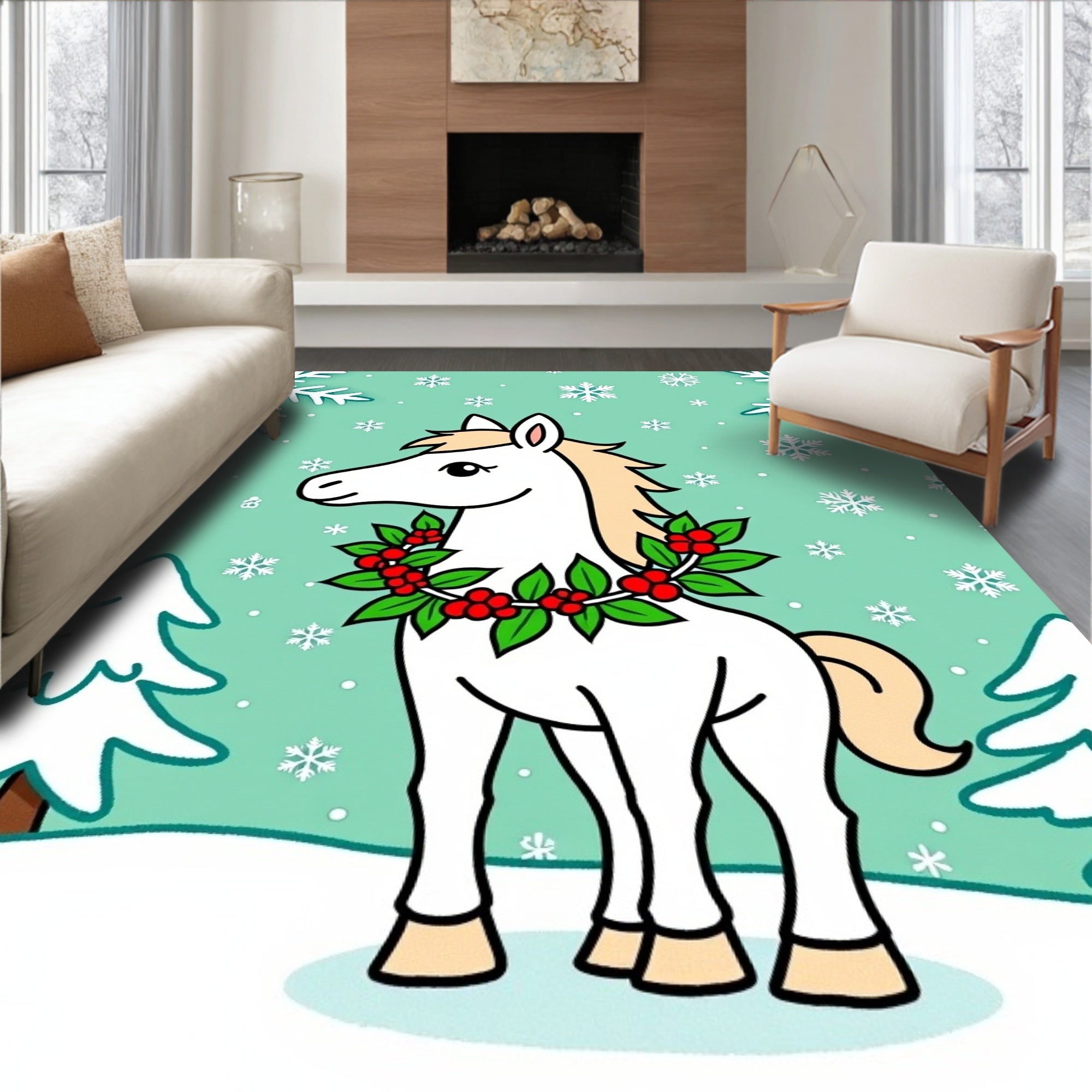 Cute White Horse Winter Holly Wreath Rug