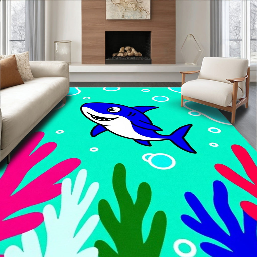 Blue Shark Coral Reef Kids Art Rug