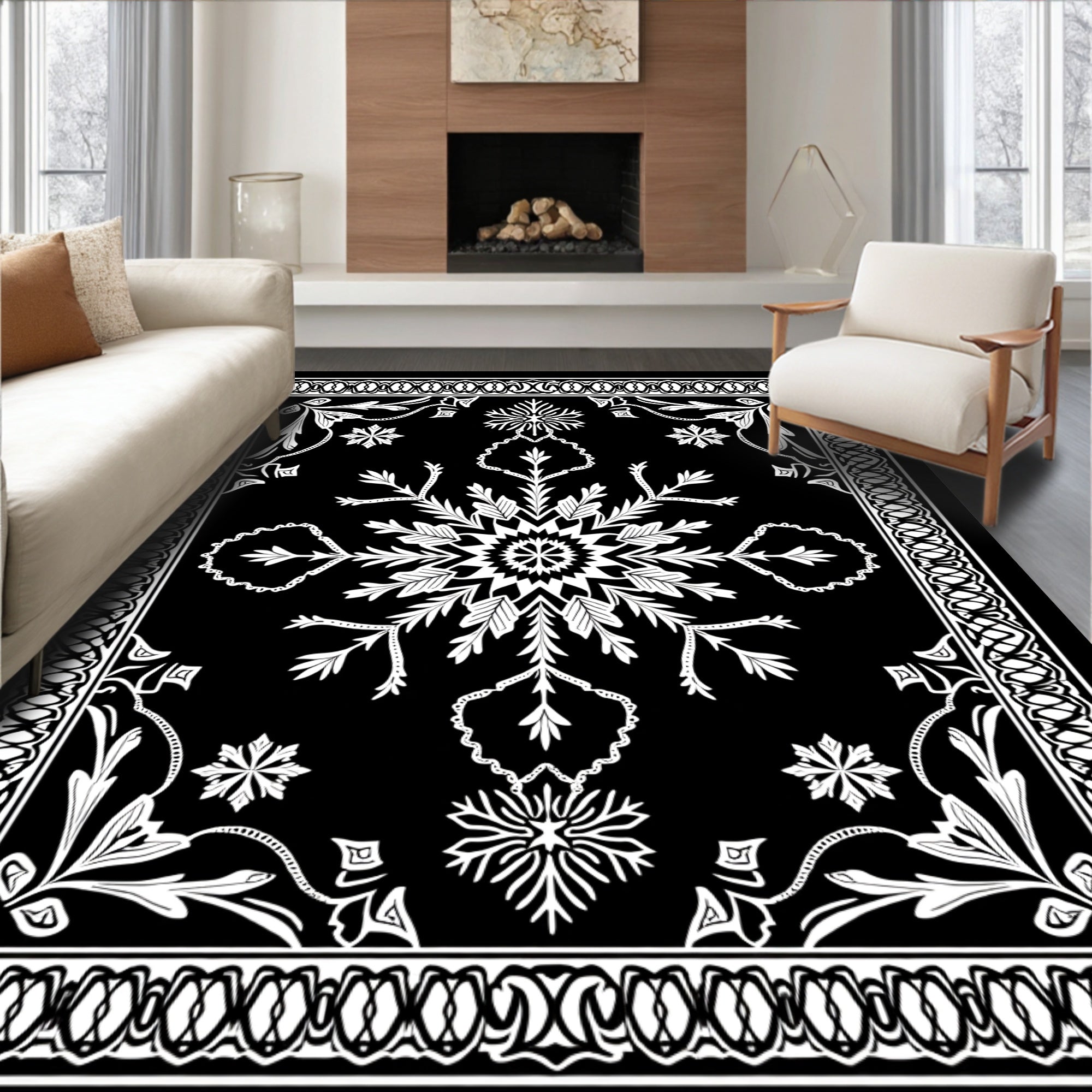 Monochromatic Black White Floral Medallion Rug
