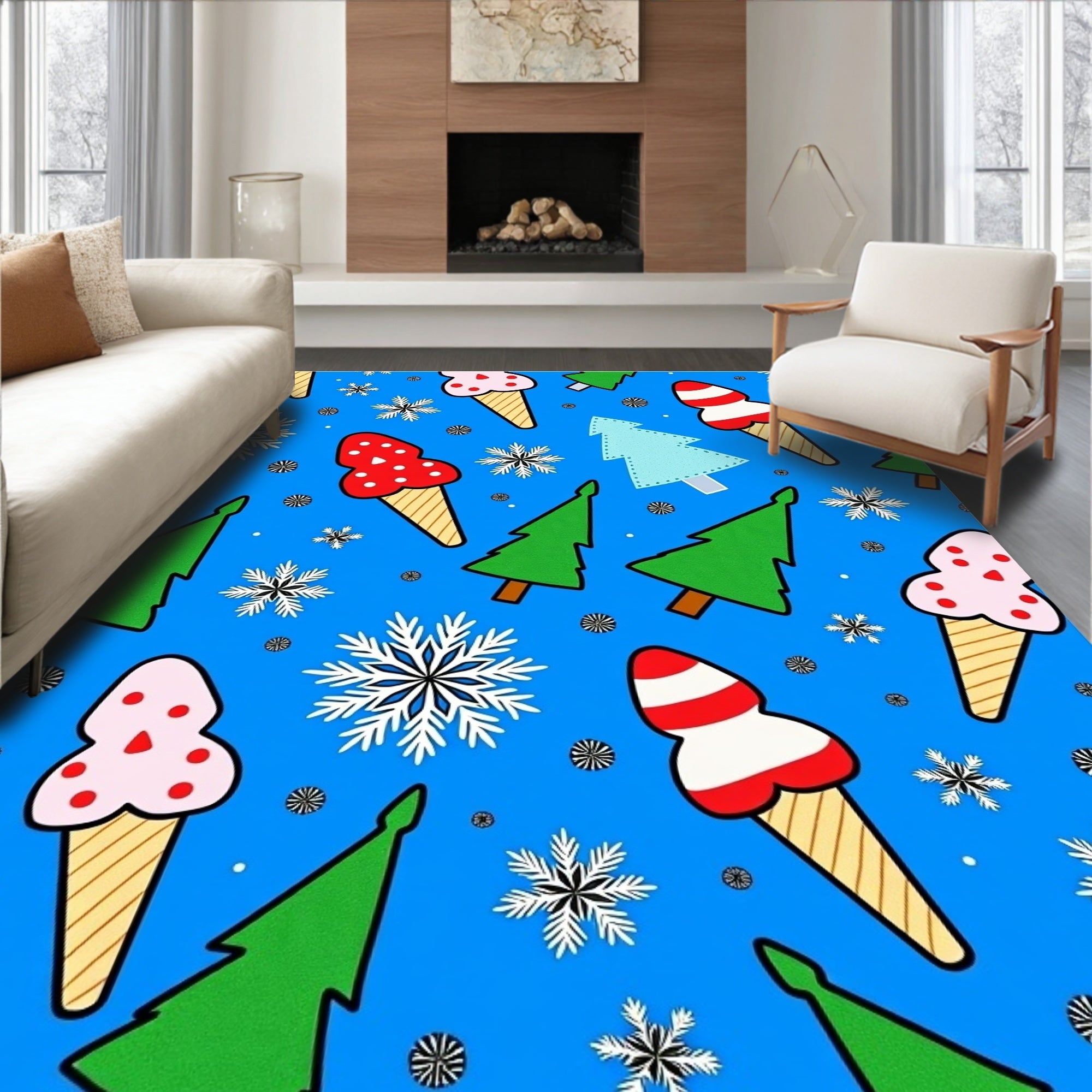 Whimsical Christmas Ice Cream Snowflakes Trees Rug