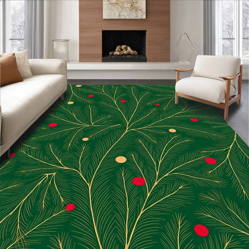 Emerald Green Pine Branches Red Yellow Orbs Rug