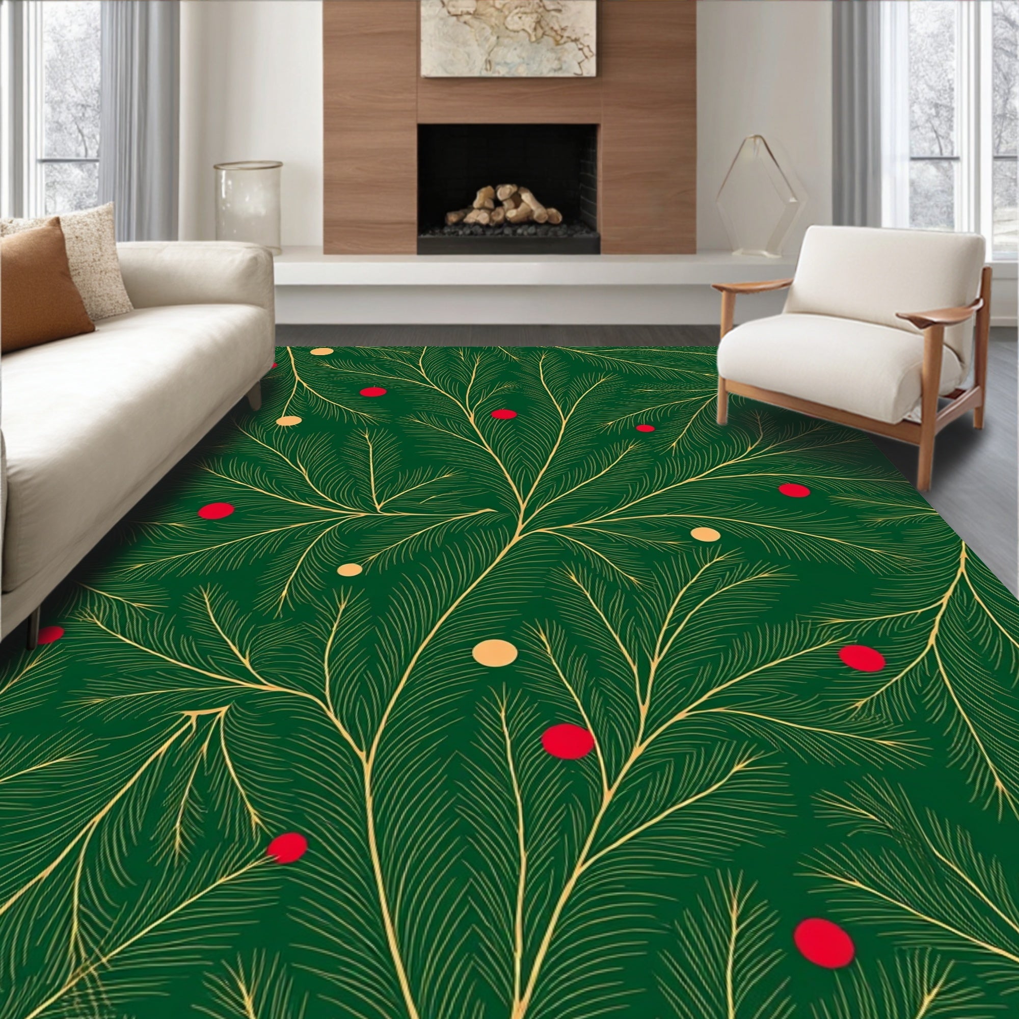 Emerald Green Pine Branches Red Yellow Orbs Rug