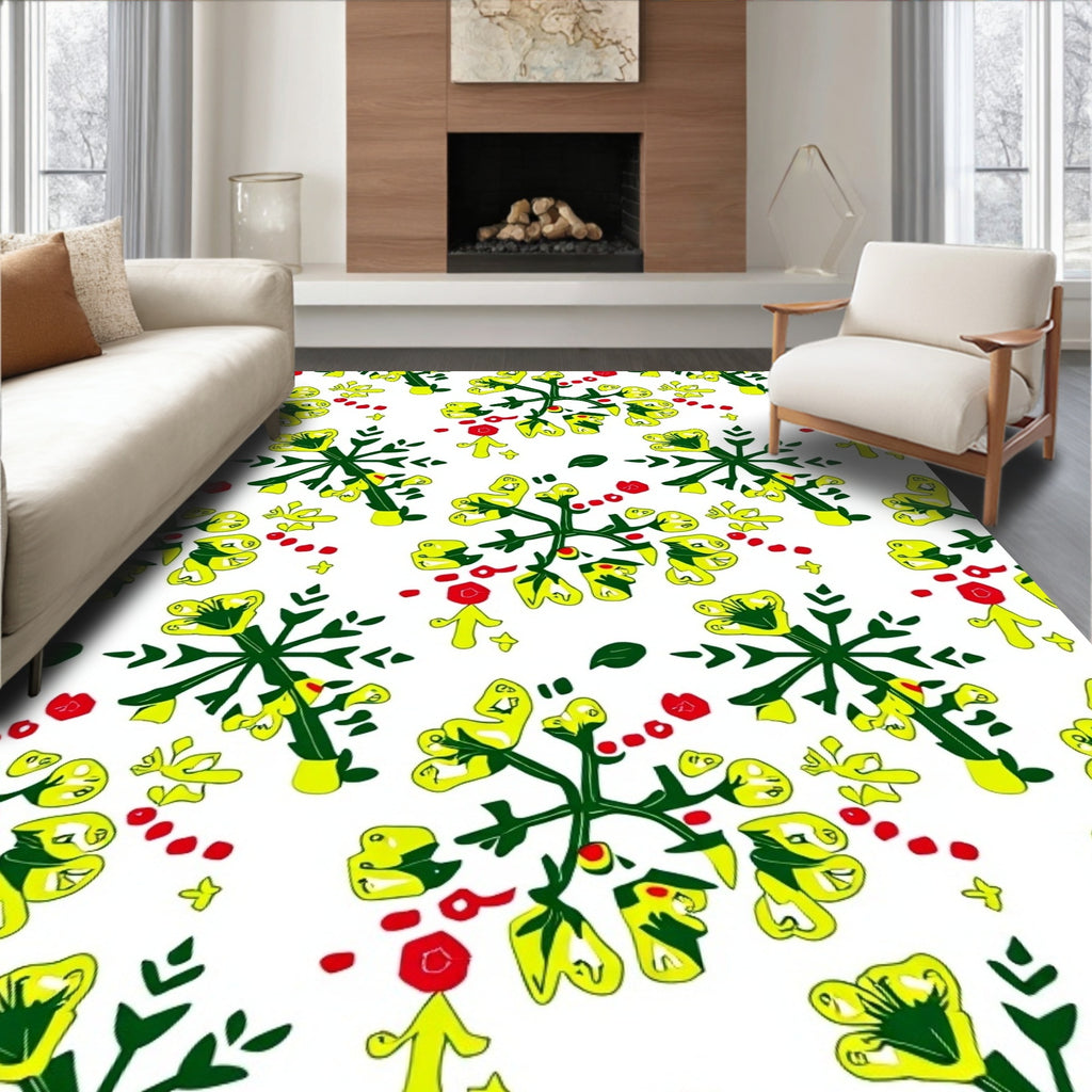 Yellow Green Floral Arrangement Red Accents Rug
