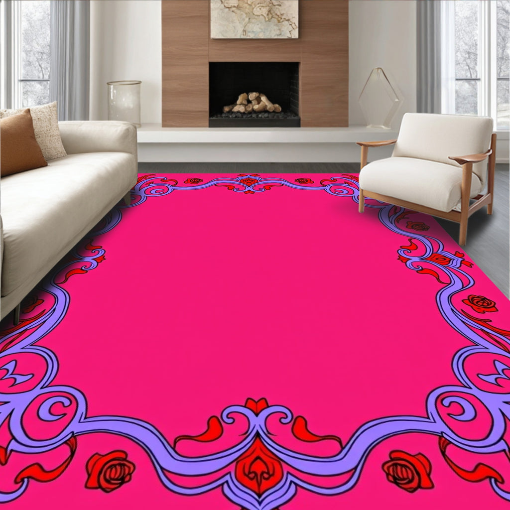 Regal Pink Floral Scroll Frame Rug