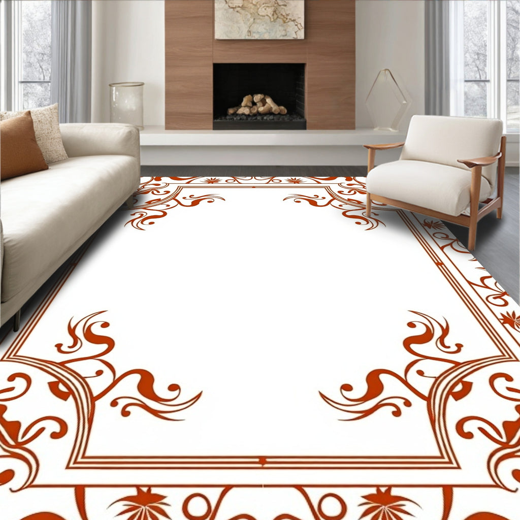 Ornate Terra Cotta Floral Scroll Frame Rug