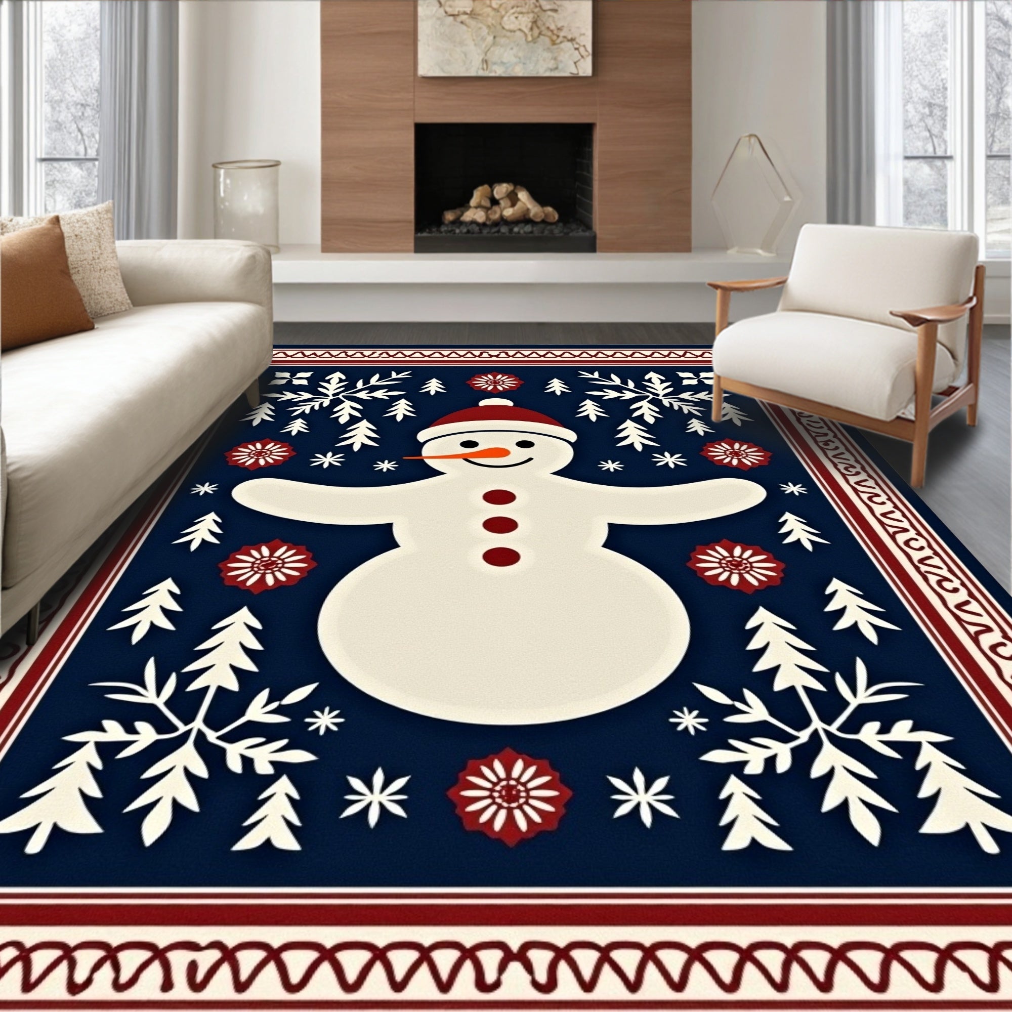 Winter Snowman Scene Folk Art Rug