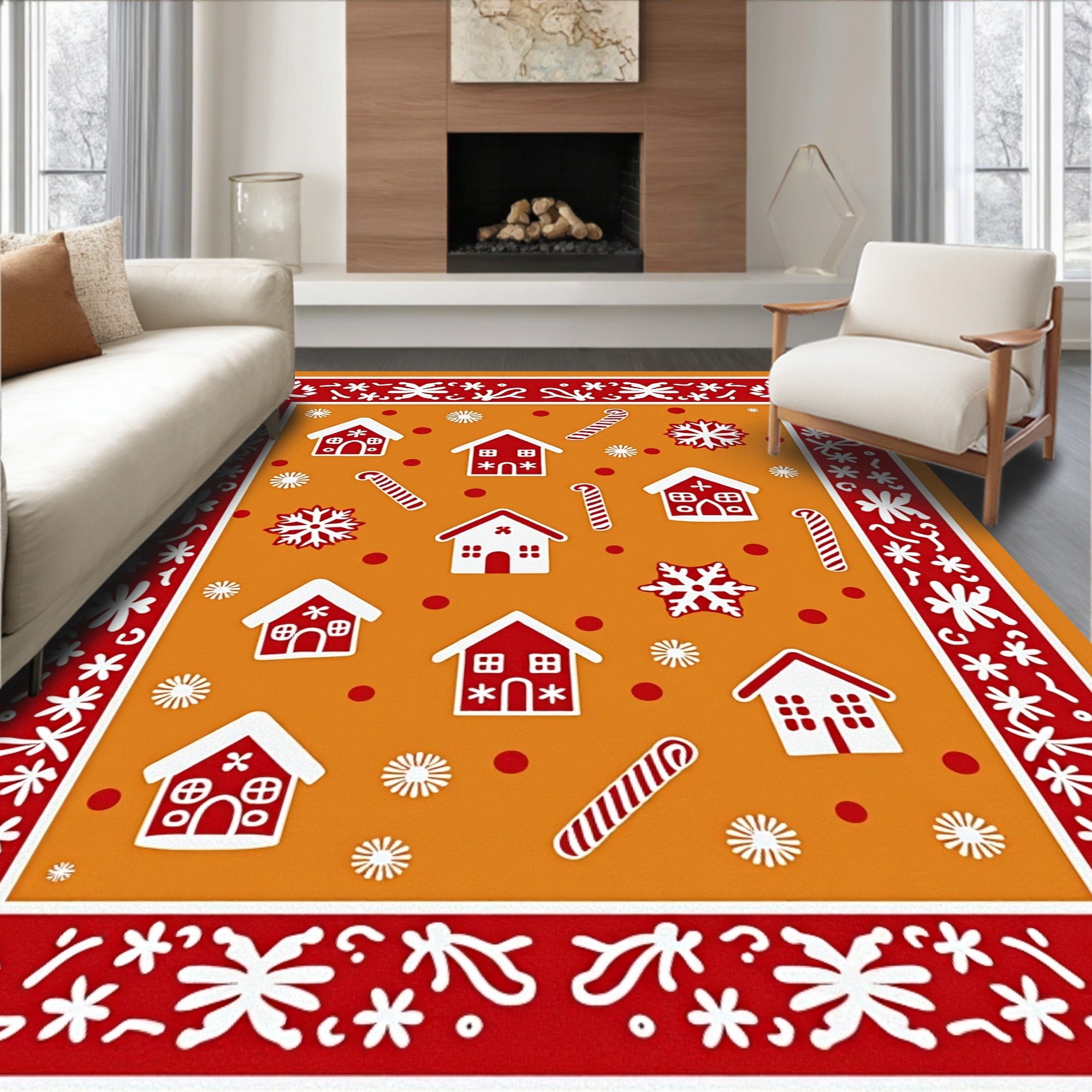 Red White Gingerbread House Candy Cane Snowflakes Rug