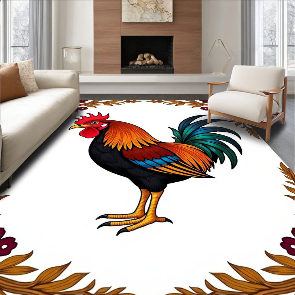 Vibrant Rooster Red Orange Teal Floral Rug