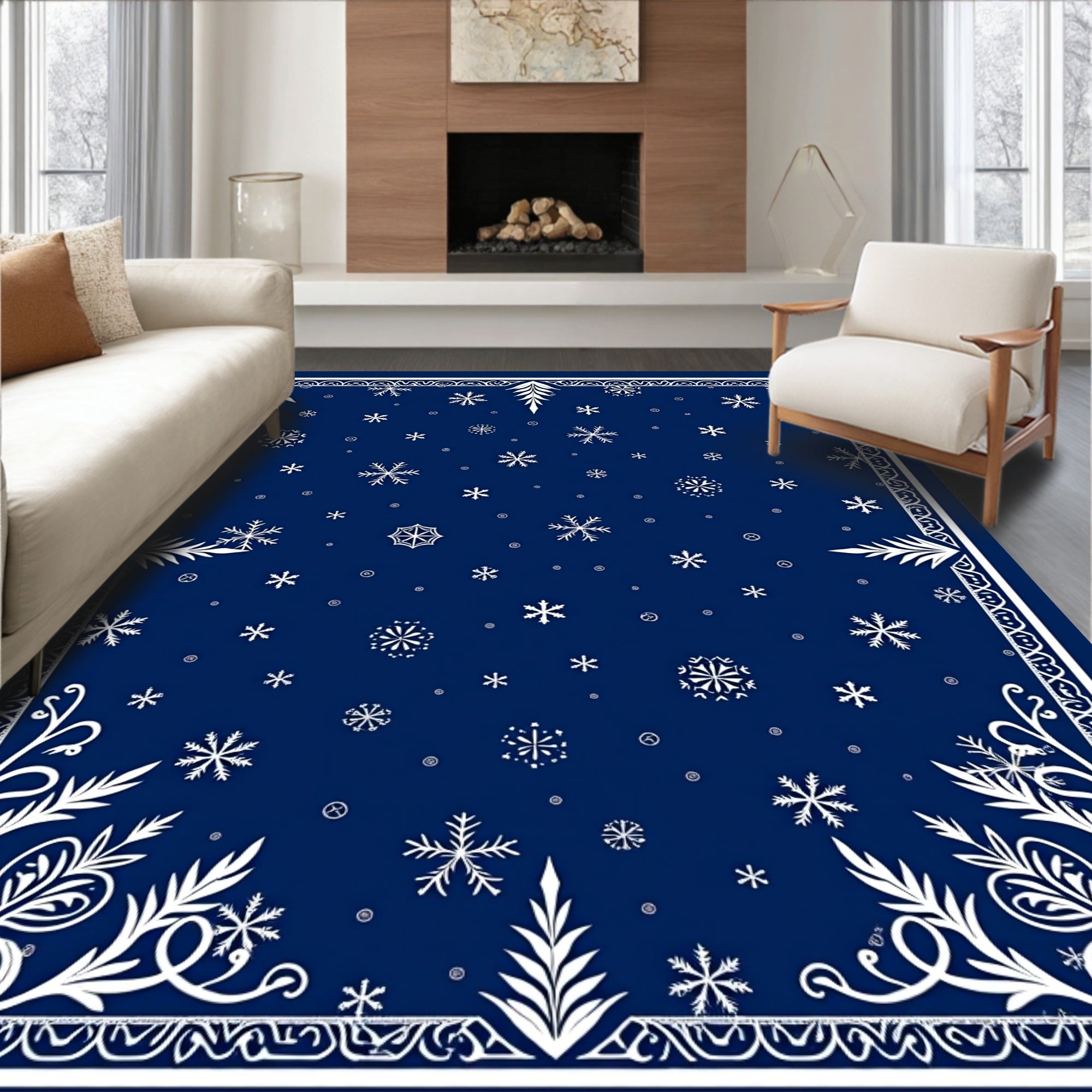 Deep Blue Snowflake Winter Scene Rug