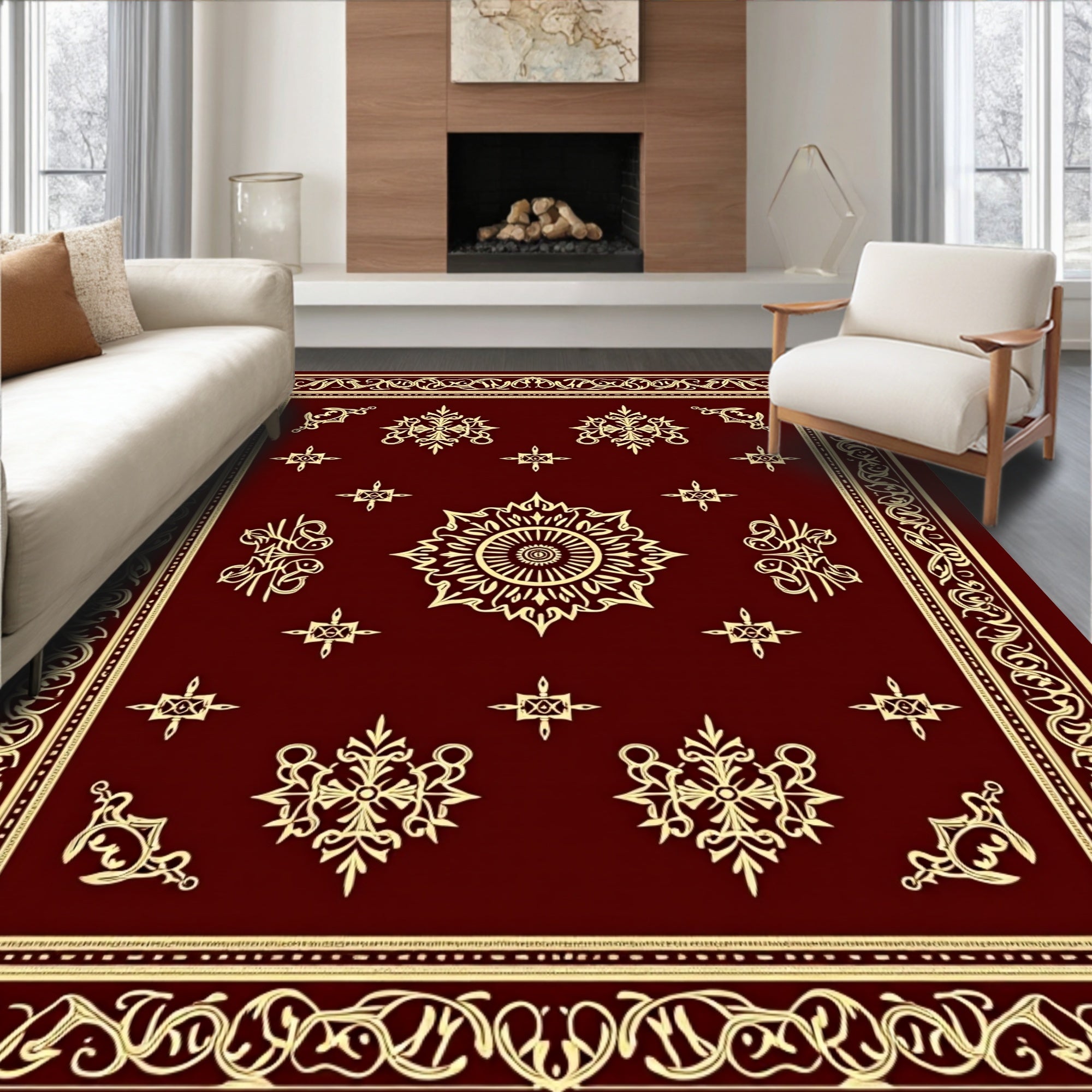 Rich Crimson Golden Floral Medallion Rug