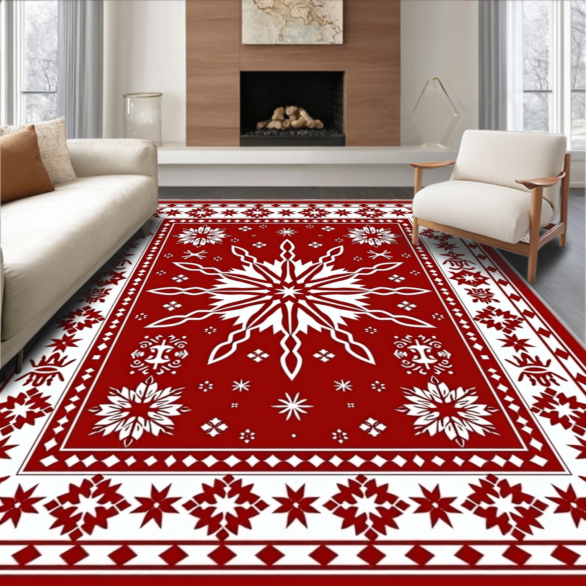 Crimson Snowflake Border Star Medallion Rug