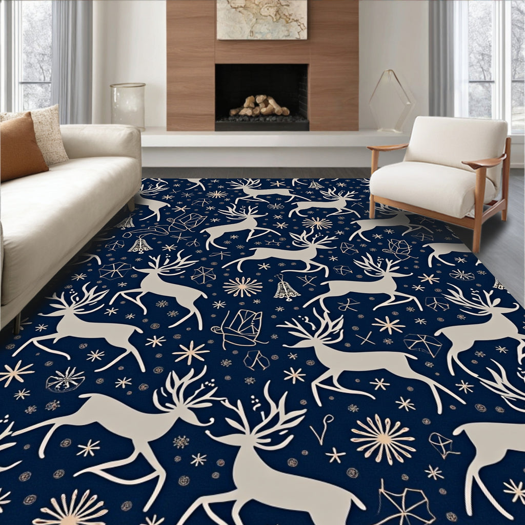 Navy Beige Reindeer Snowflake Celebration Rug