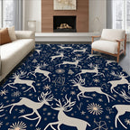 Navy Beige Reindeer Snowflake Celebration Rug