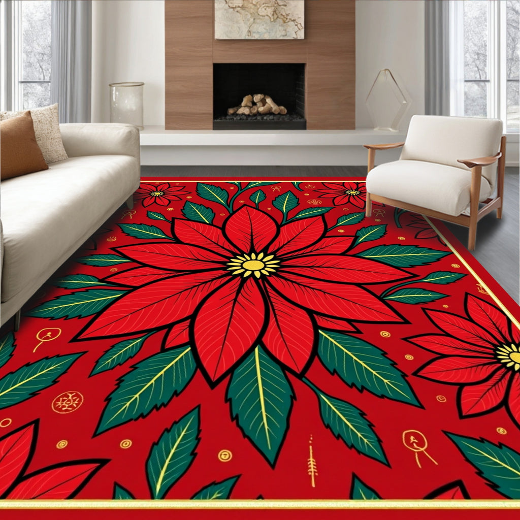 Crimson Red Poinsettia Leafy Bloom Rug