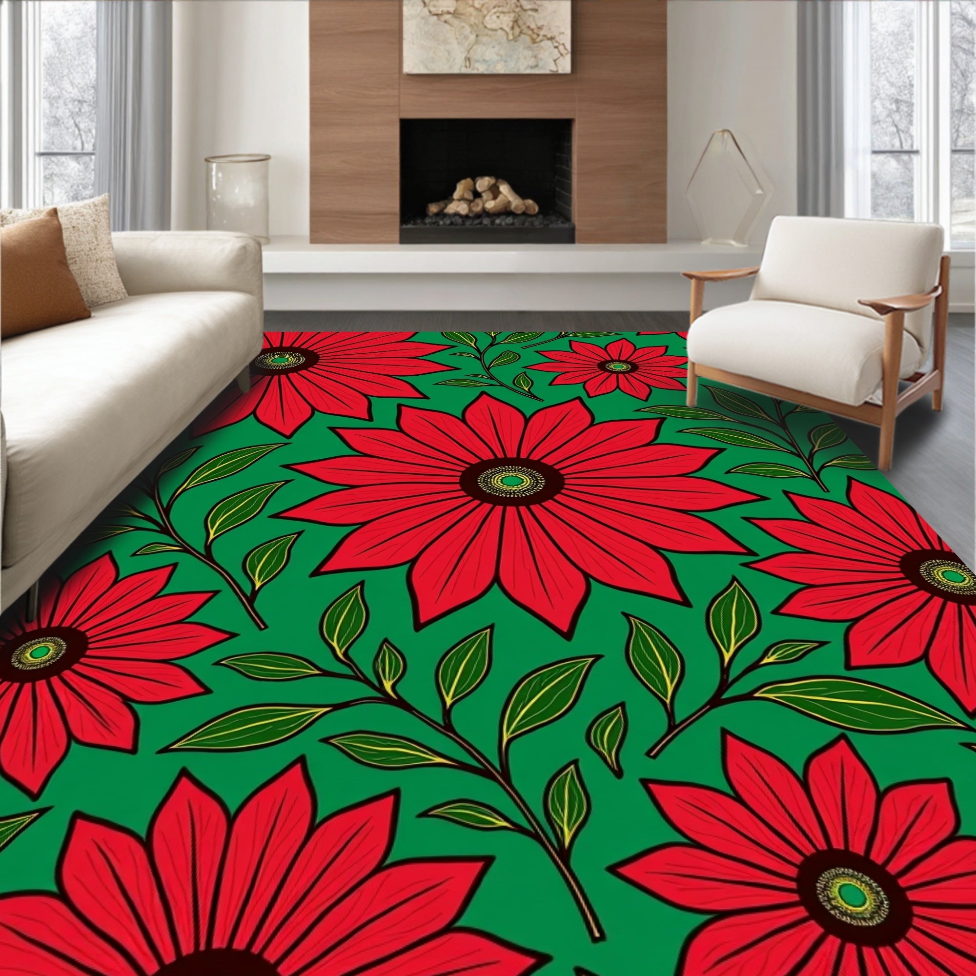 Vibrant Red Flower Garden Rug