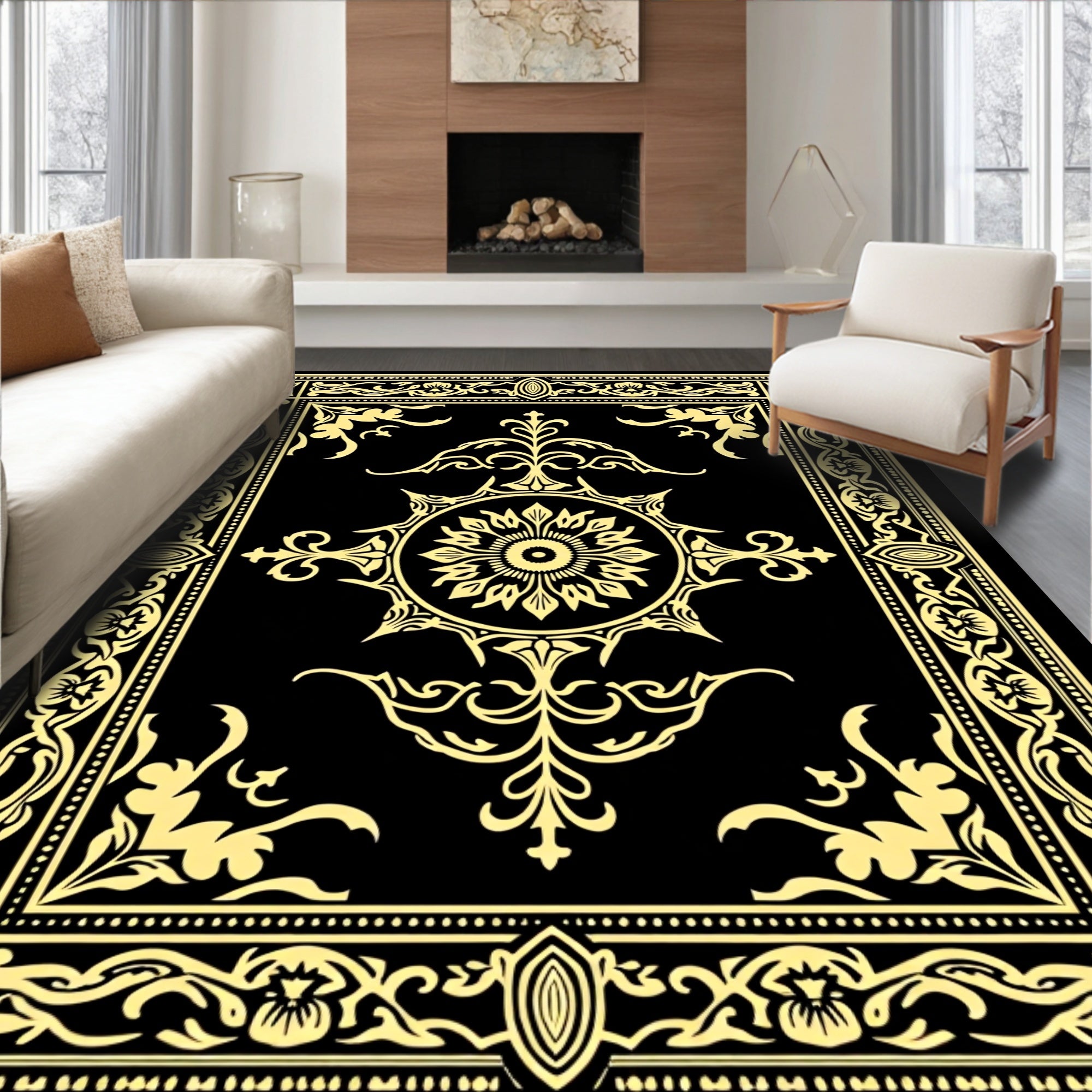 Ornate Gold Floral Medallion Black Rug