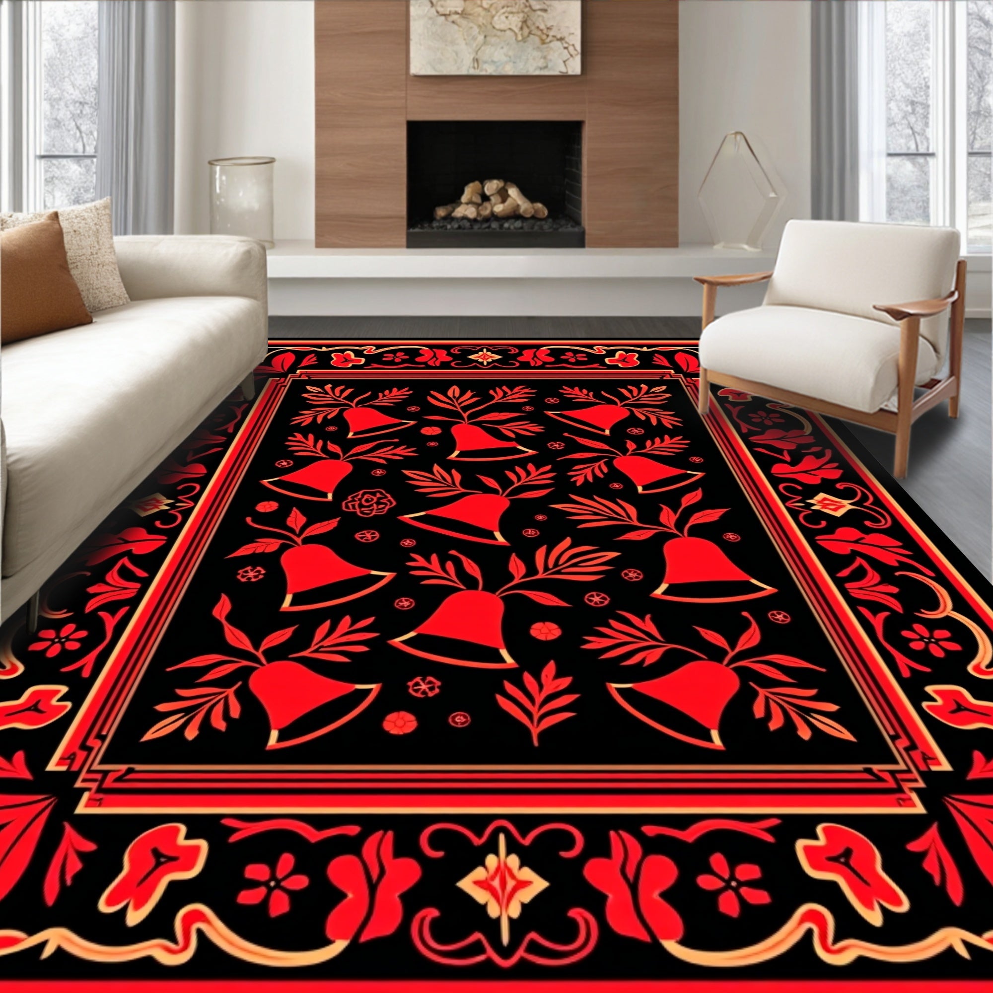 Khokhloma Red Bell Floral Border Rug