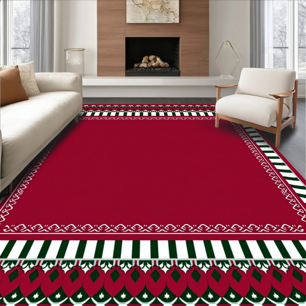 Deep Red Geometric Stripe Border Rug