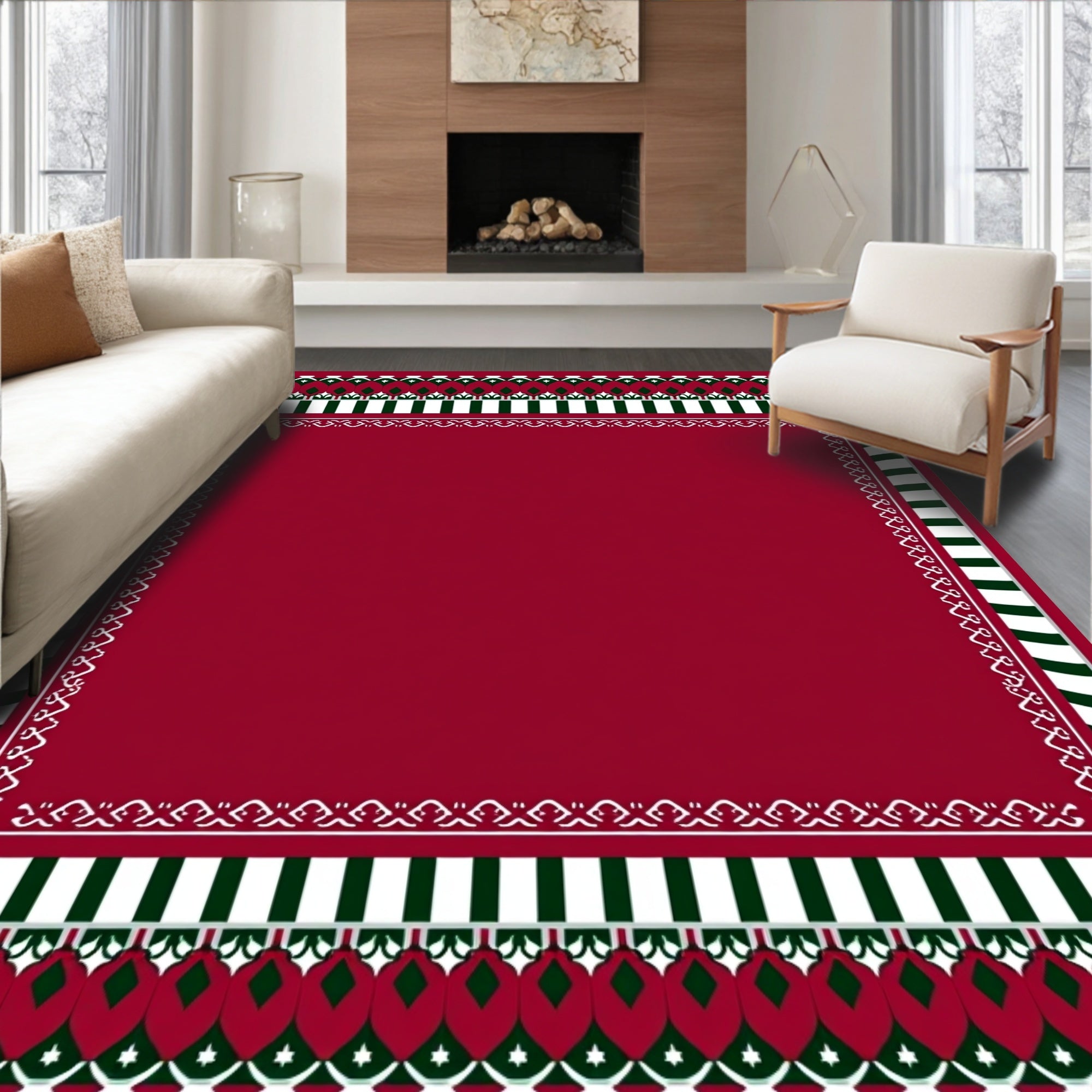 Deep Red Geometric Stripe Border Rug