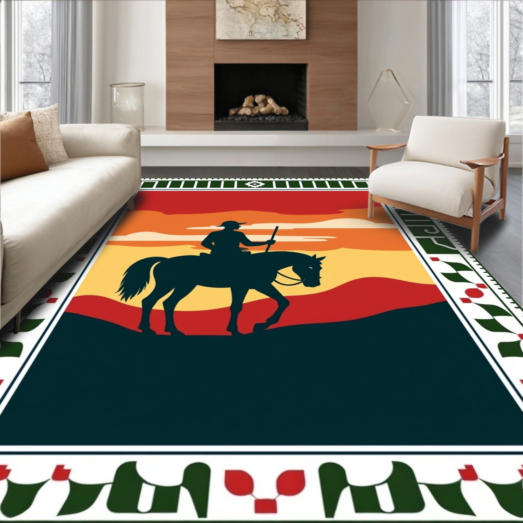 Rider Horse Sunset Landscape Border Rug
