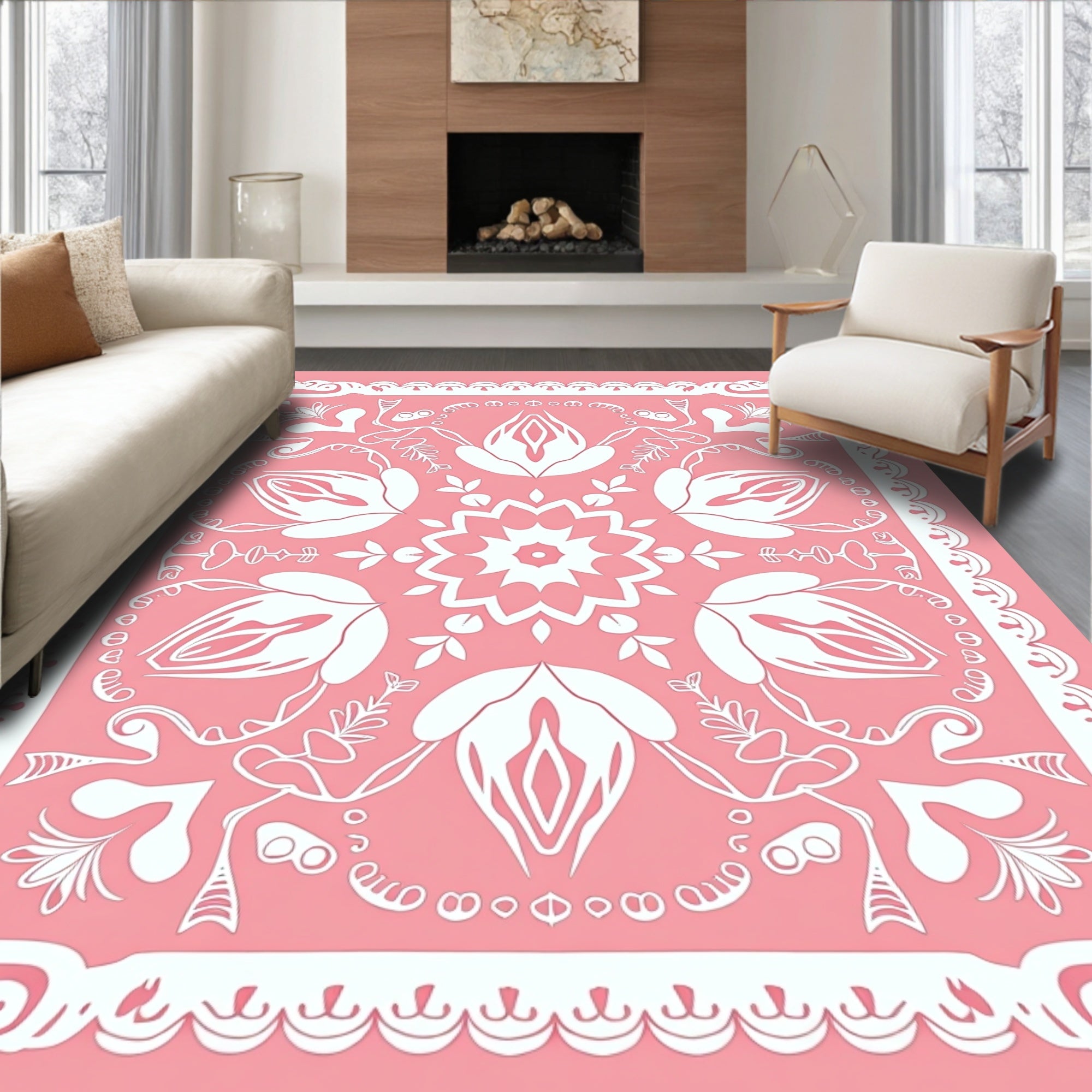 Blush Pink Floral Medallion Border Art Rug
