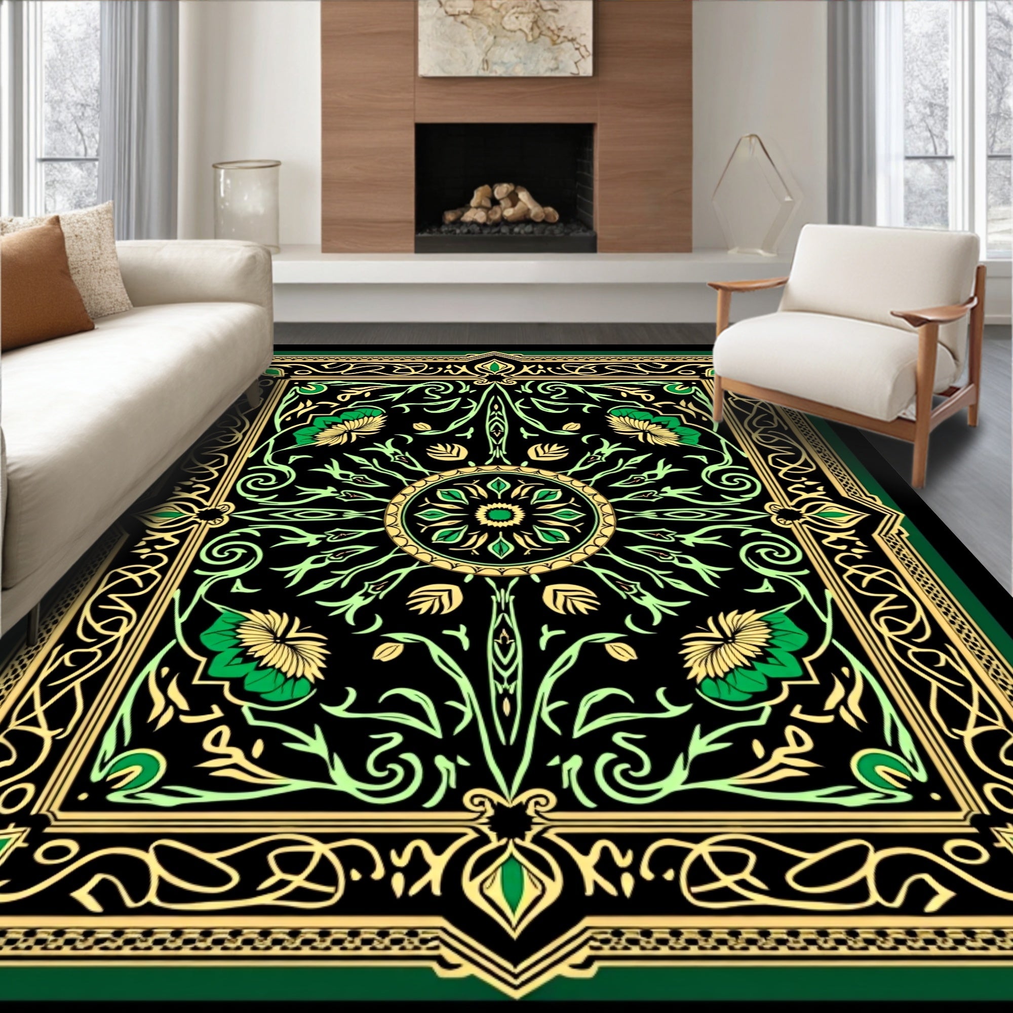 Ornate Black Emerald Floral Mandala Rug