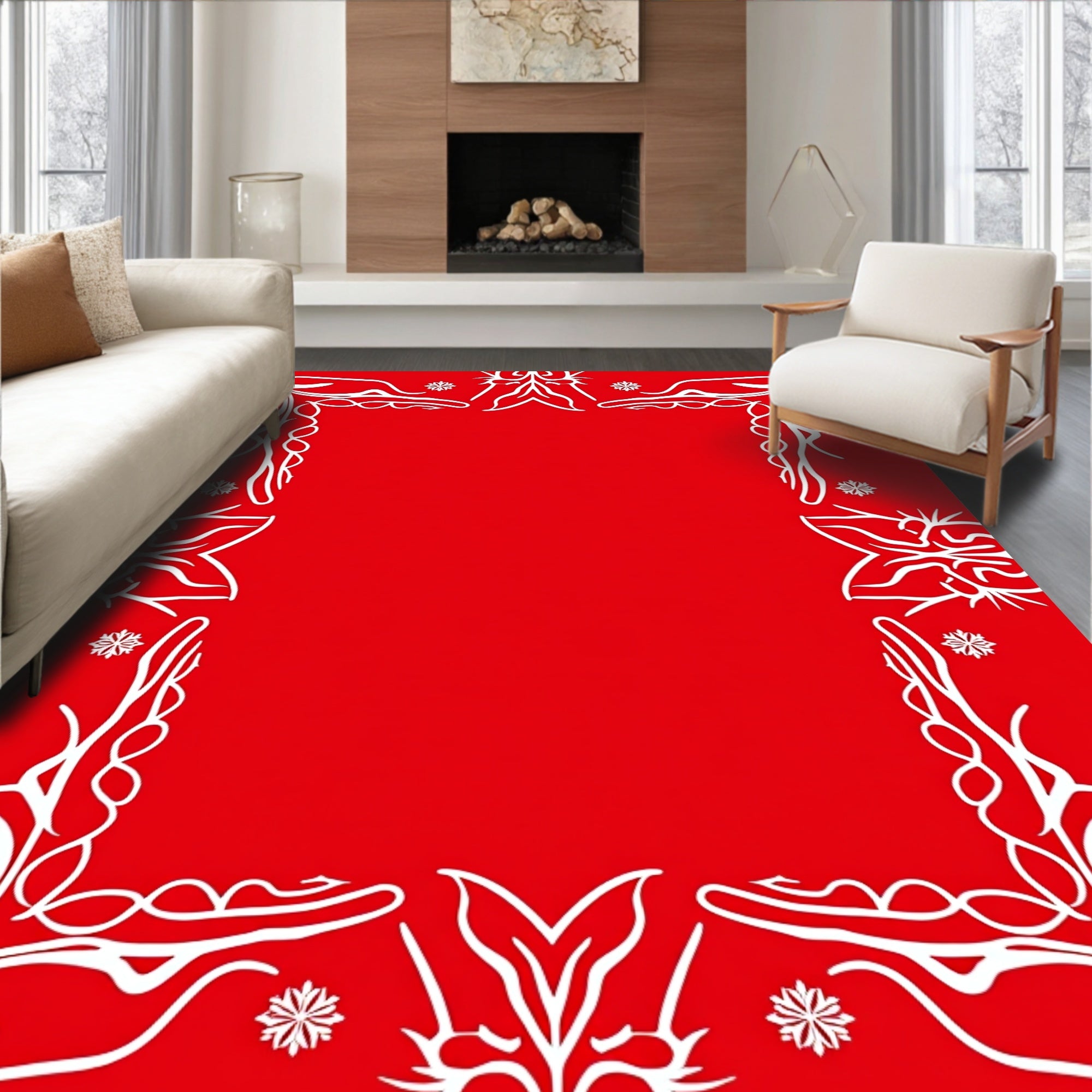 Bold Red Floral Scrollwork Frame Rug