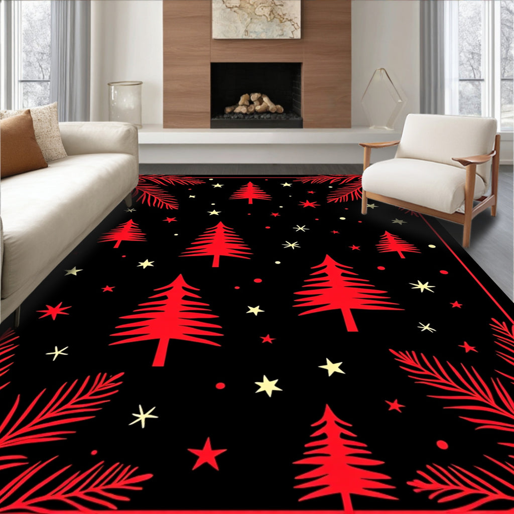 Red Black Fir Trees Stars Border Rug