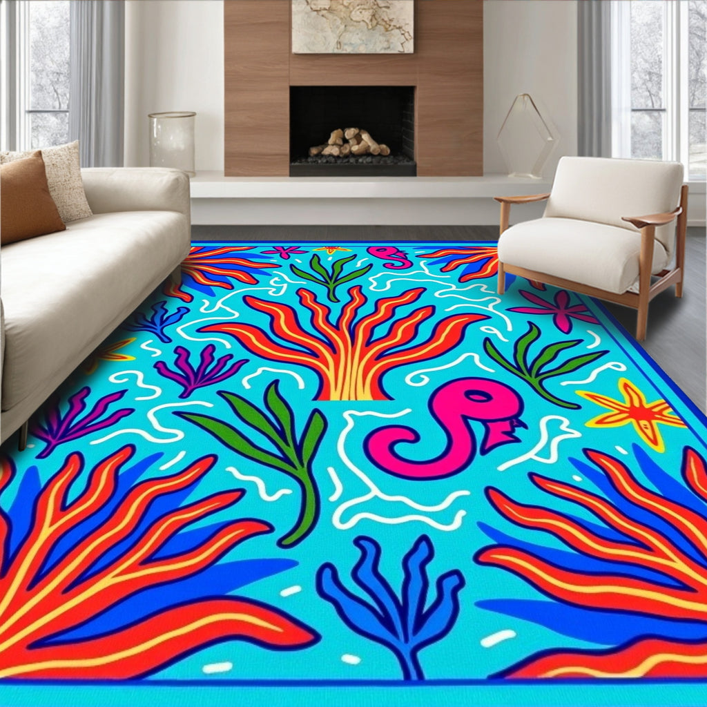 Bright Cyan Tropical Coral Seahorse Rug