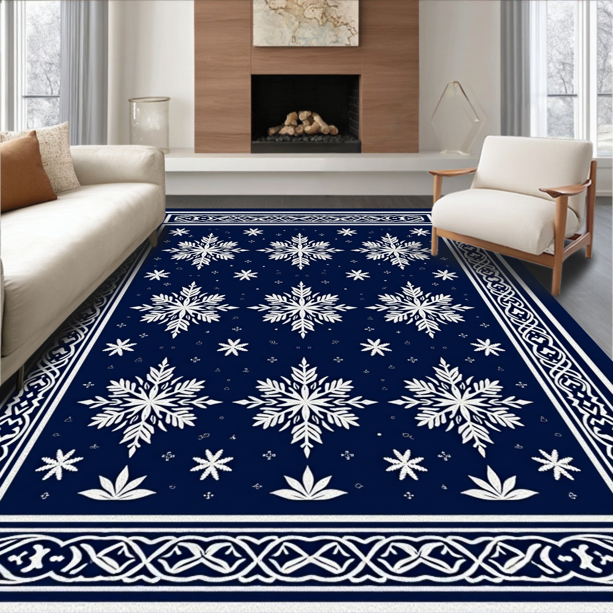 Winter Snowflake Bordered Navy Rug