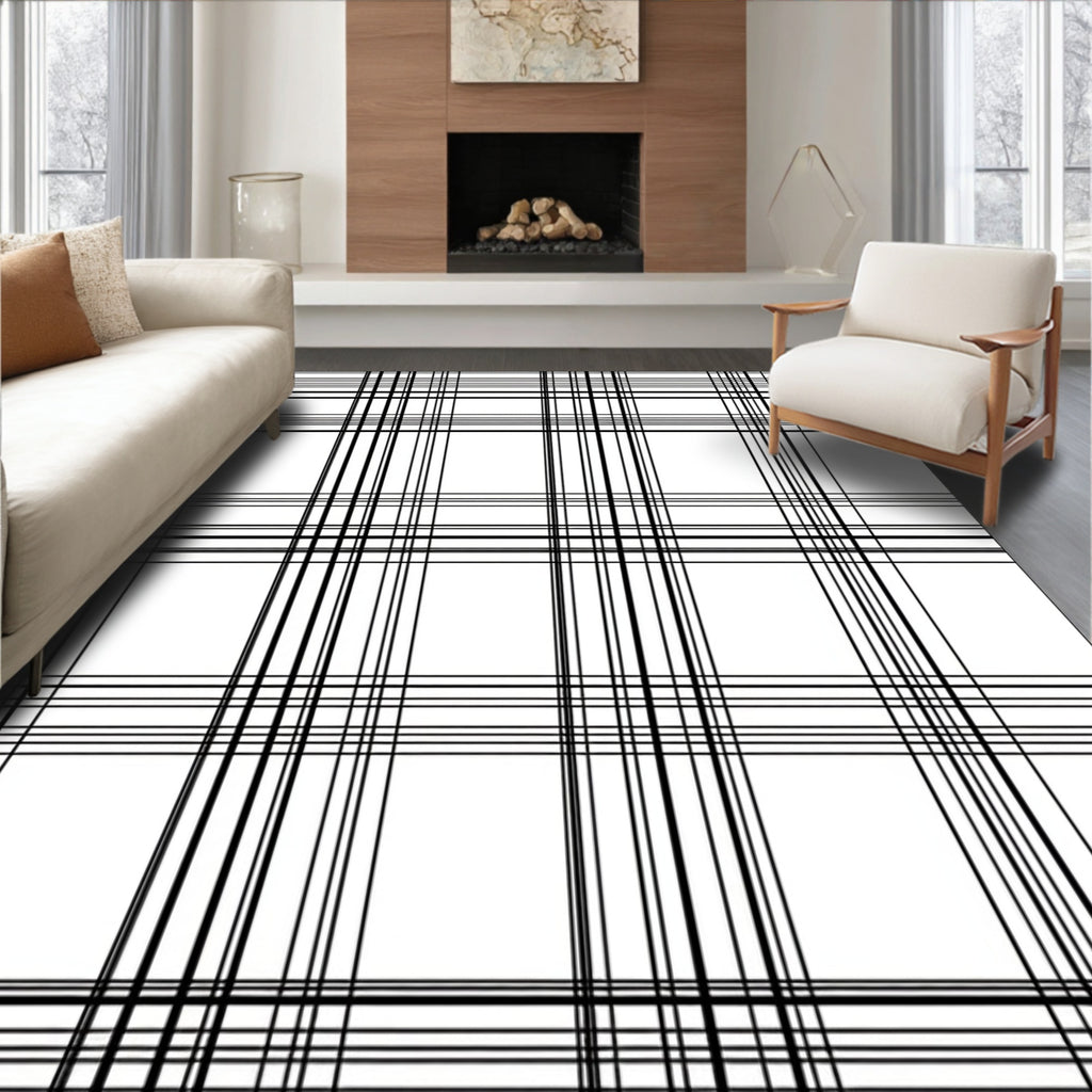 Classic Black White Plaid Check Rug
