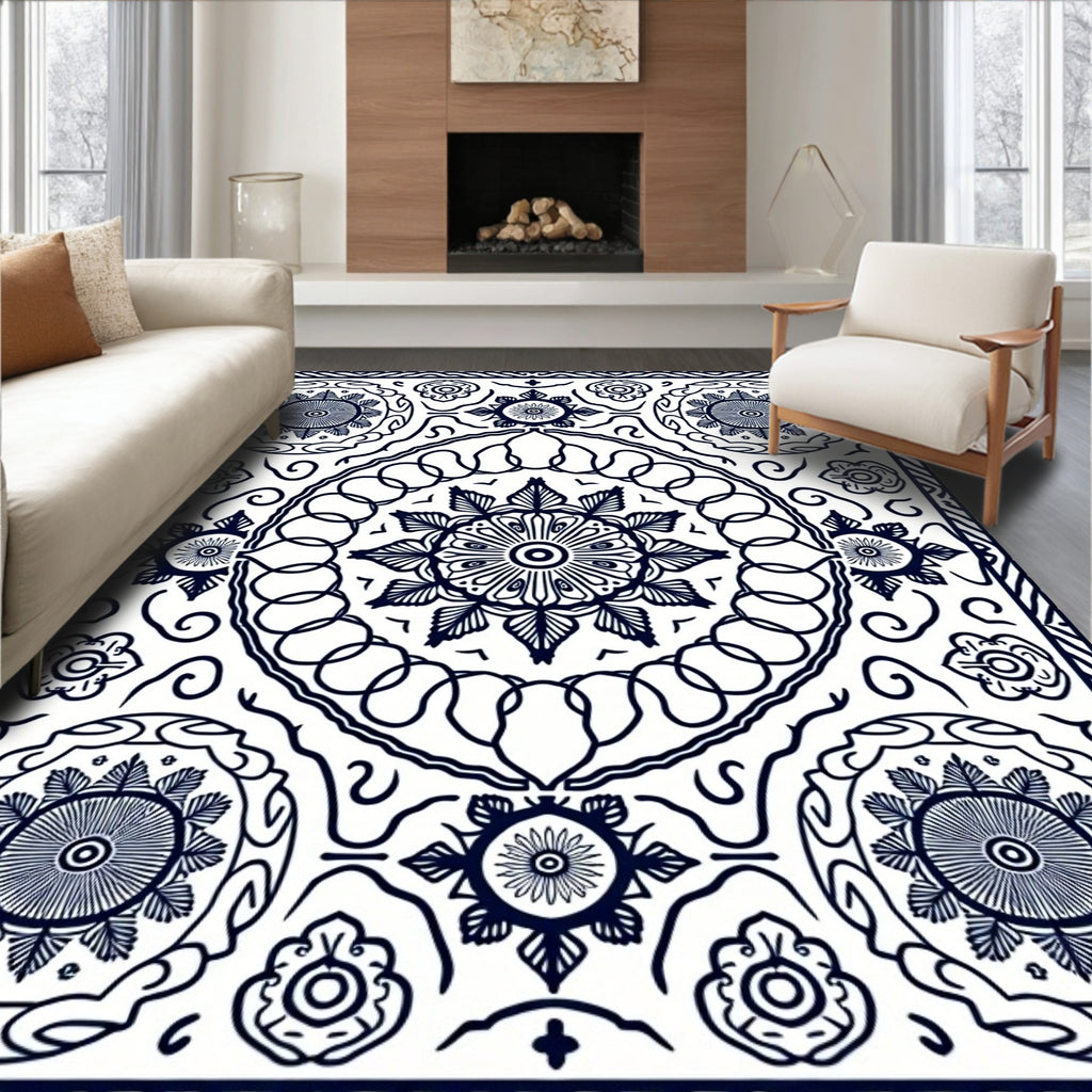 Navy White Medallion Mandala Circular Rug