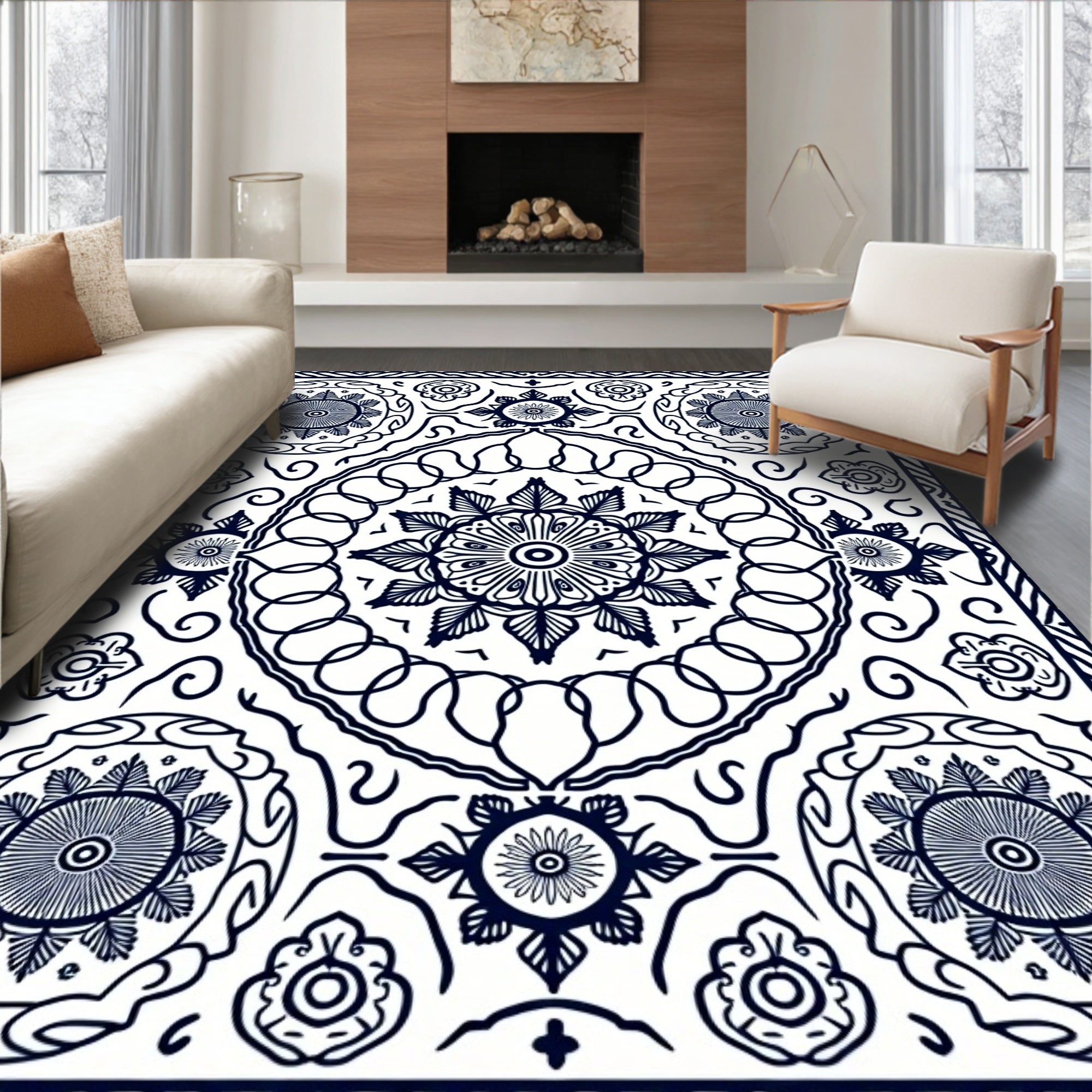 Navy White Medallion Mandala Circular Rug