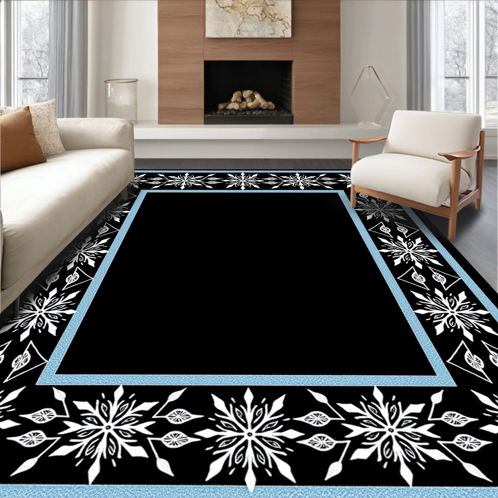 White Starburst Blue Border Rug