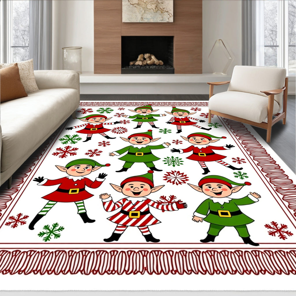 Festive Elves Red Green Snowflakes Border Rug