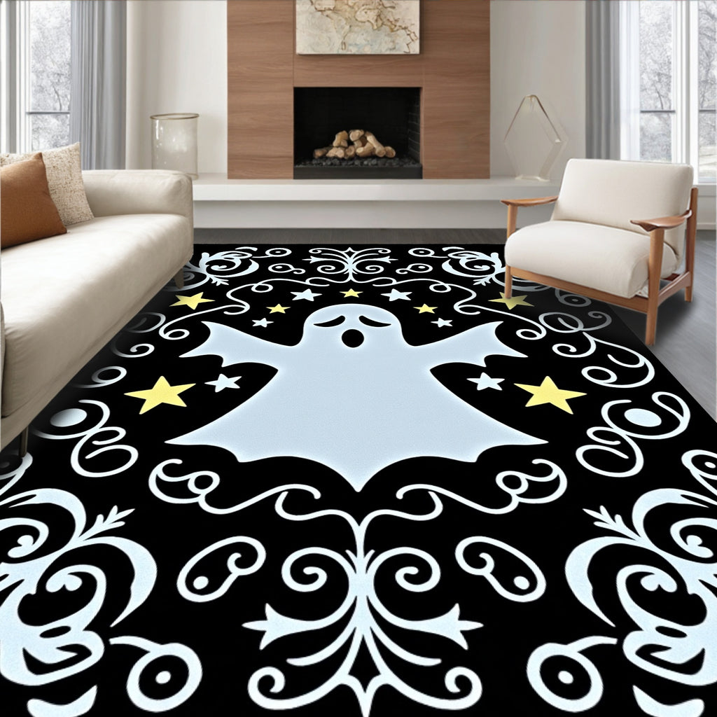 Spooky Light Blue Ghost Yellow Stars Rug