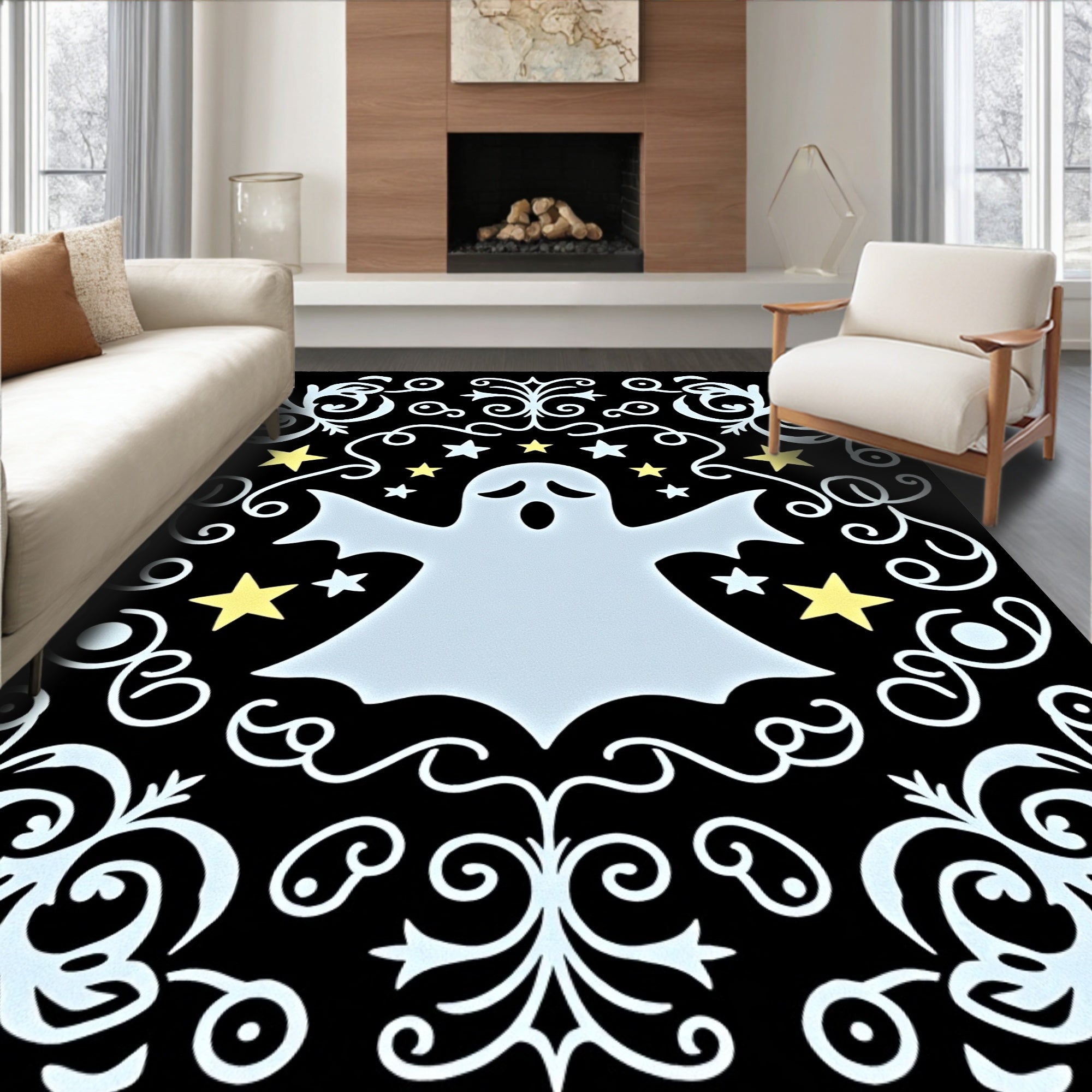 Spooky Light Blue Ghost Yellow Stars Rug