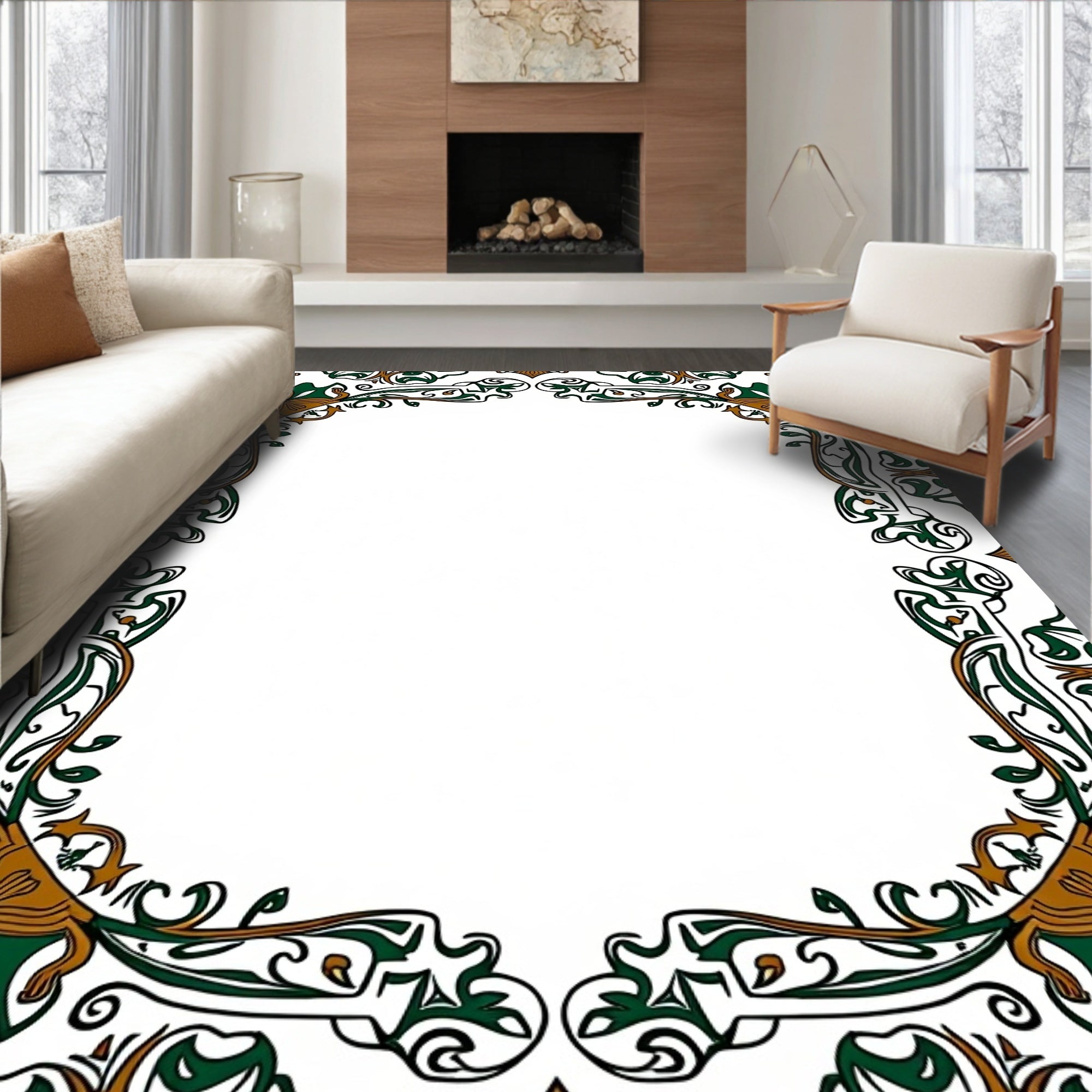 Ornate Green Brown Floral Border Rug